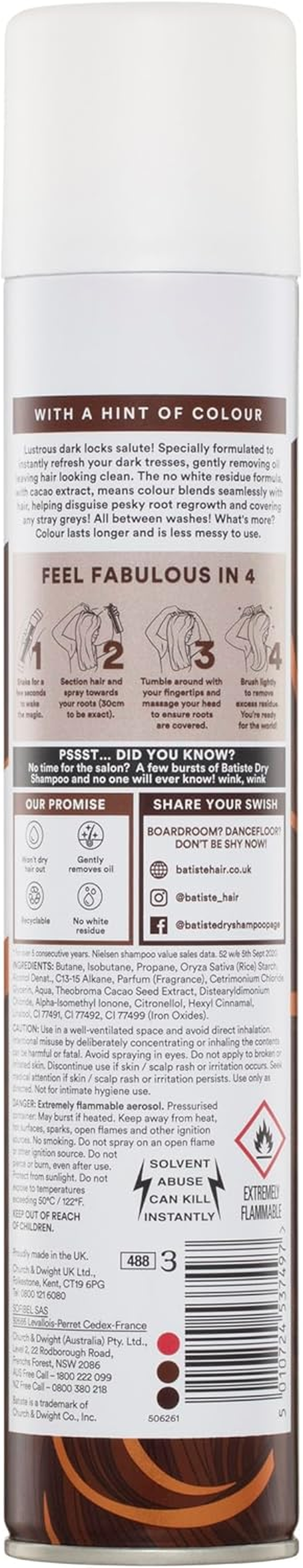 Batiste Dark Dry Shampoo 350Ml - Seamlessly Blend Roots for Dark Hair, No White Residue, Instantly Refreshes & Adds Volume, Infused with Cacao Extract - Ideal for Quick Hair Refresh & All Hair Types image number 2