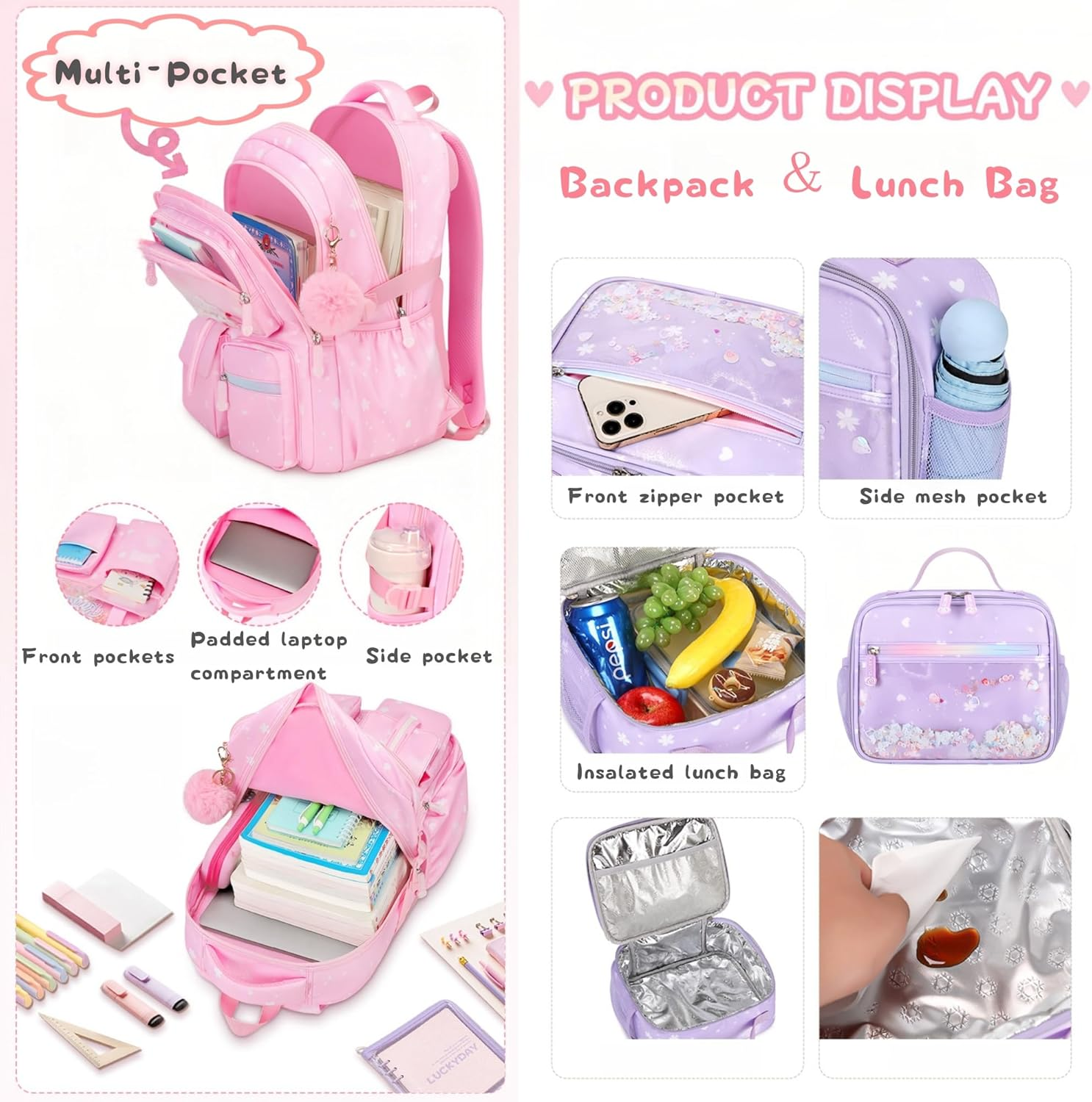 2Pcs Kawaii Girls Backpacks Capacity Elementary School Bags Bookbags