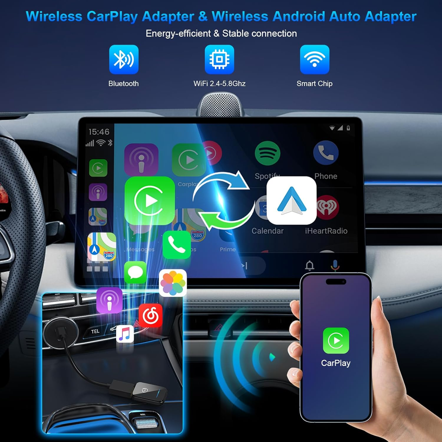 2 in 1 Wireless Carplay Adapter for Iphone & Android Auto, Convert Wired to Wireless Carplay Adapter, Mini 2025 Upgrade Plug & Play Auto Connect Easy Use for Cars from 2016 and Iphone/Android image number 1