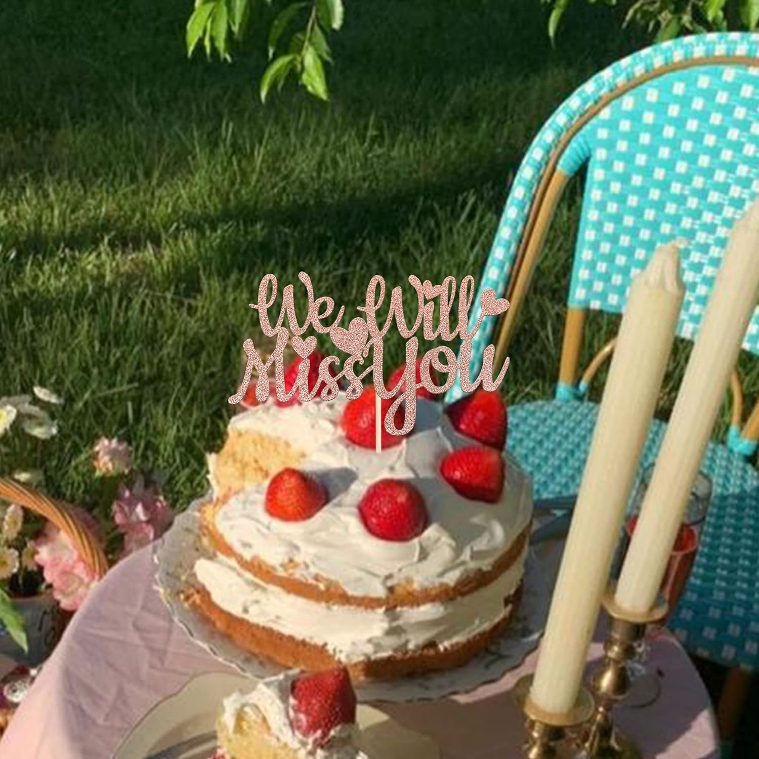 1 Pack We Will Miss You Cake Topper Glitter Red Love Heart Good Luck Cake Pick Retirement Theme Going Away Party Cake Decorations image number 2