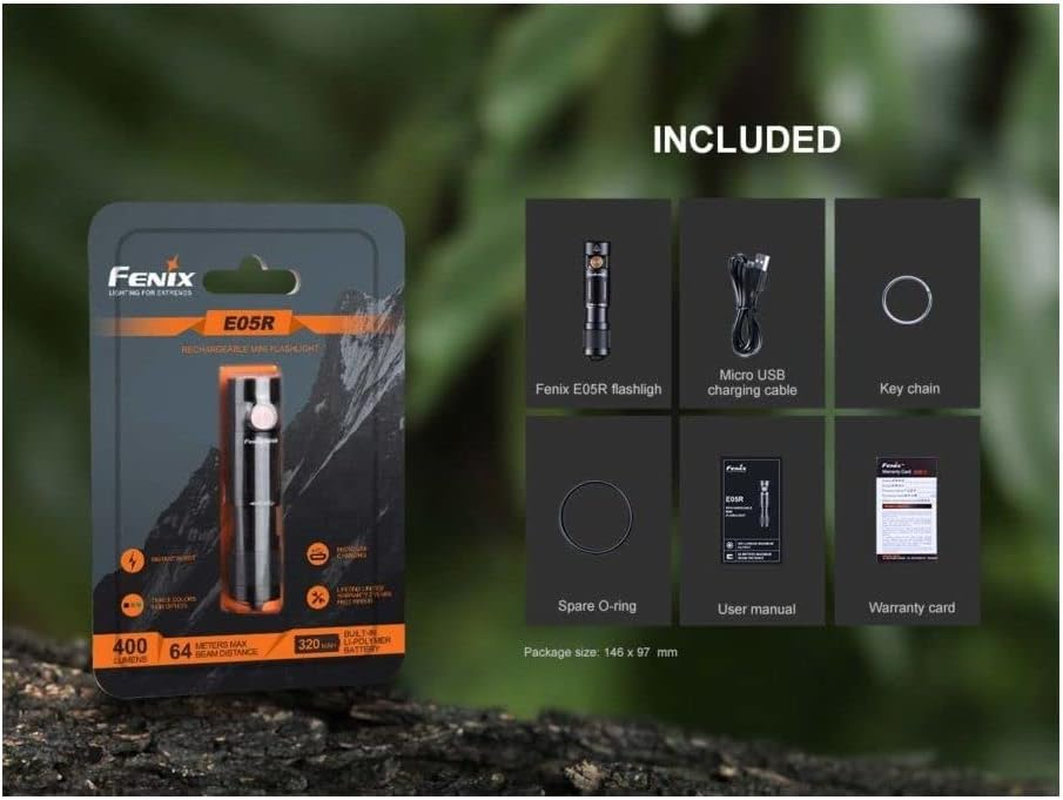 Fenix E05R Rechargeable Torch - Metal & Polycarbonate Lens - 400 Lumen Burst Mode & 64M Long Throw - Super Bright & 30 Hrs Working - 3 Brightness Levels - Emergency Light for Camping & Hiking - Green