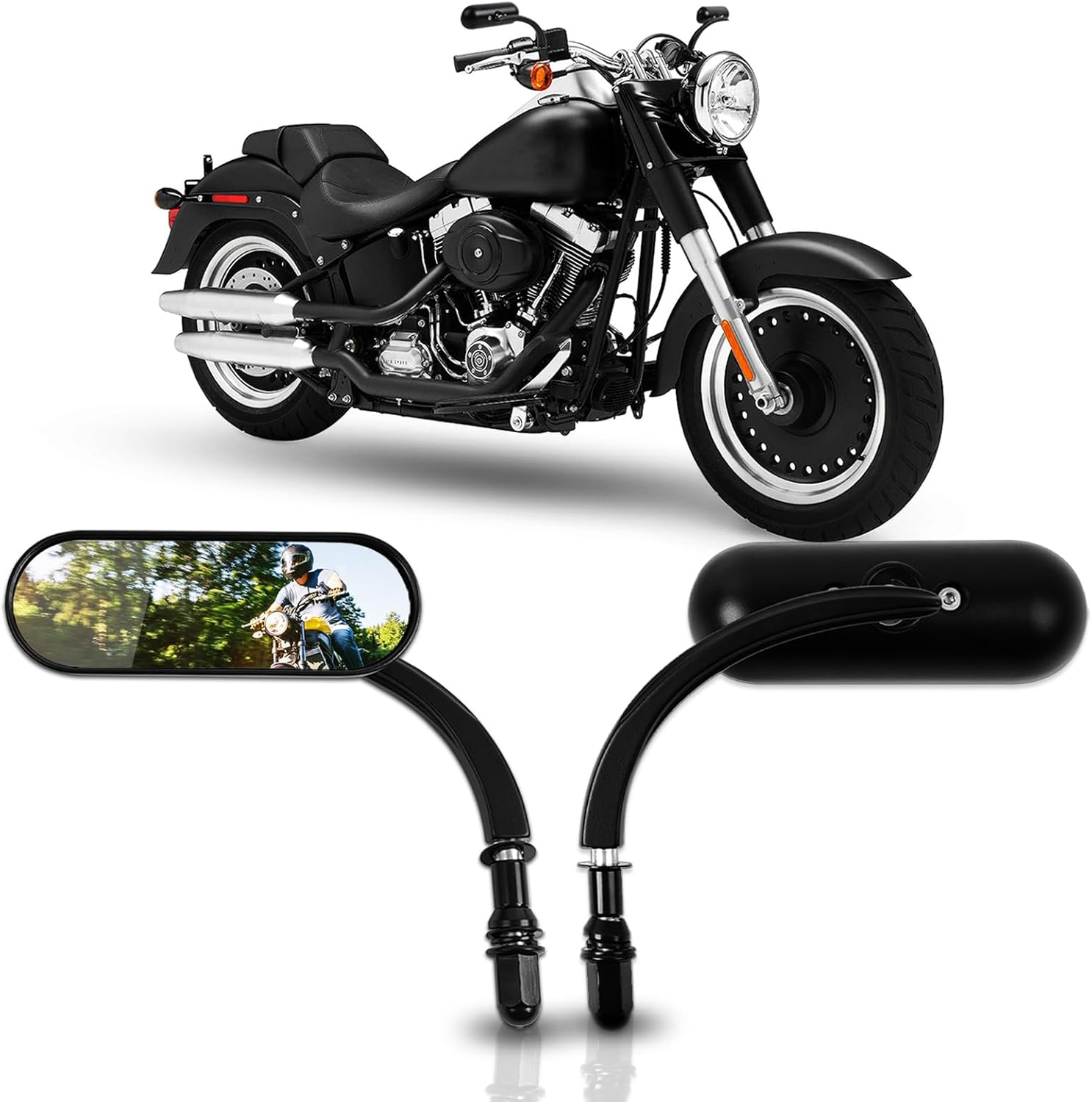 DREAMIZER Universal 8MM/10MM Black Mini Oval Side Mirrors Motorcycle Rear View Mirrors Compatible with Harley Road King Softail Street Electra Glide Dyna Iron 883 Sportster 1200