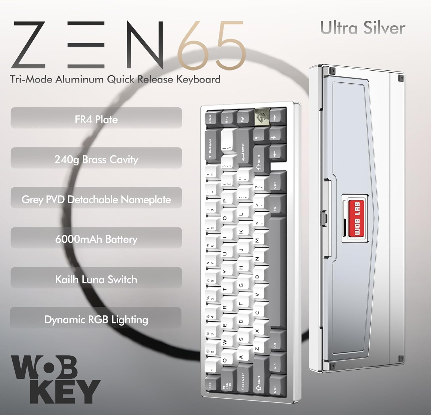 WOBKEY Zen 65 65% Quick Release Wireless Mechanical Keyboard with RGB, CNC Aluminum Case, Hot-Swappable, via Support, BT/2.4G/USB-C Gaming Keyboard for Mac/Windows (Ultra Silver) image number 2