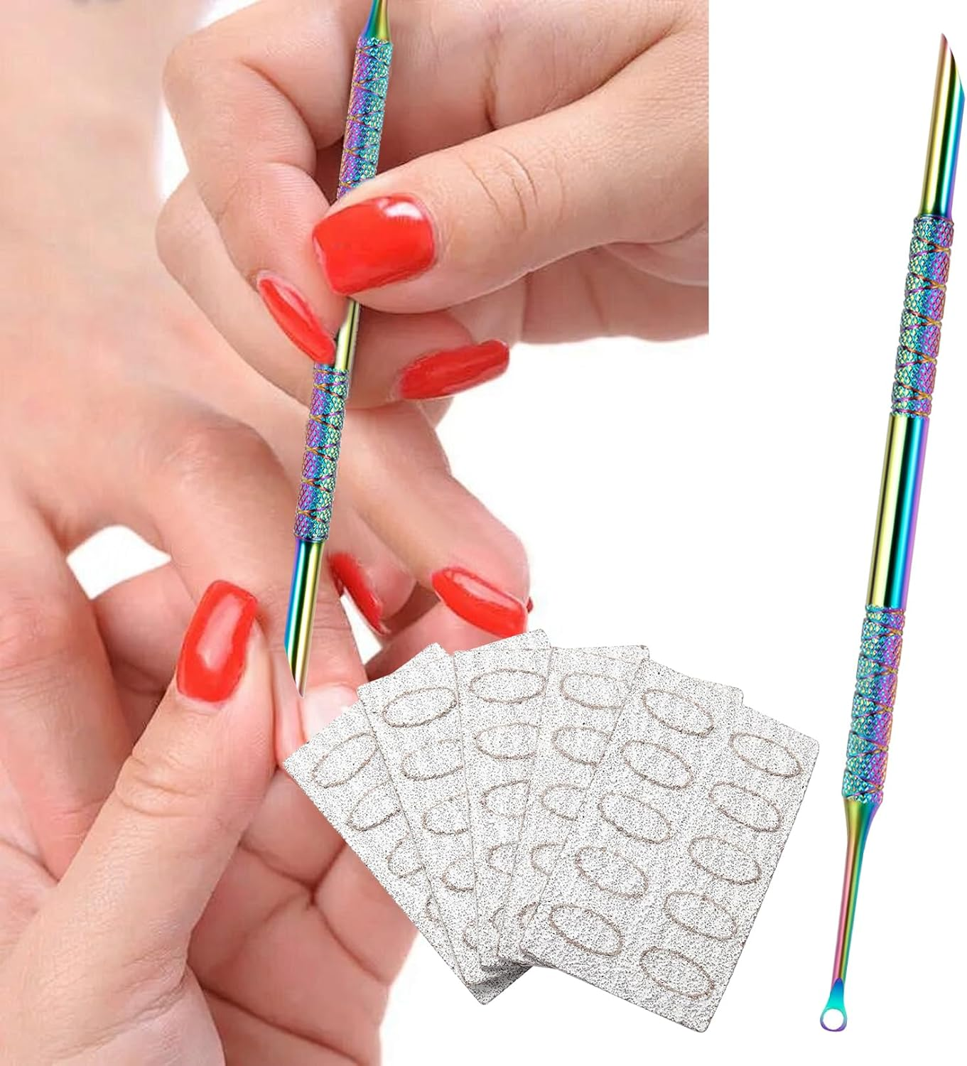 Cuticle Pusher,Stainless 2-In-1 Dual Nail Cuticle Remover,Etching Manicure Scraper Tools Kit Trimmer with 5 Professional Sandpaper,Cuticles Care Pushers Tool for Pedicure (Coloured Pusher) image number 6