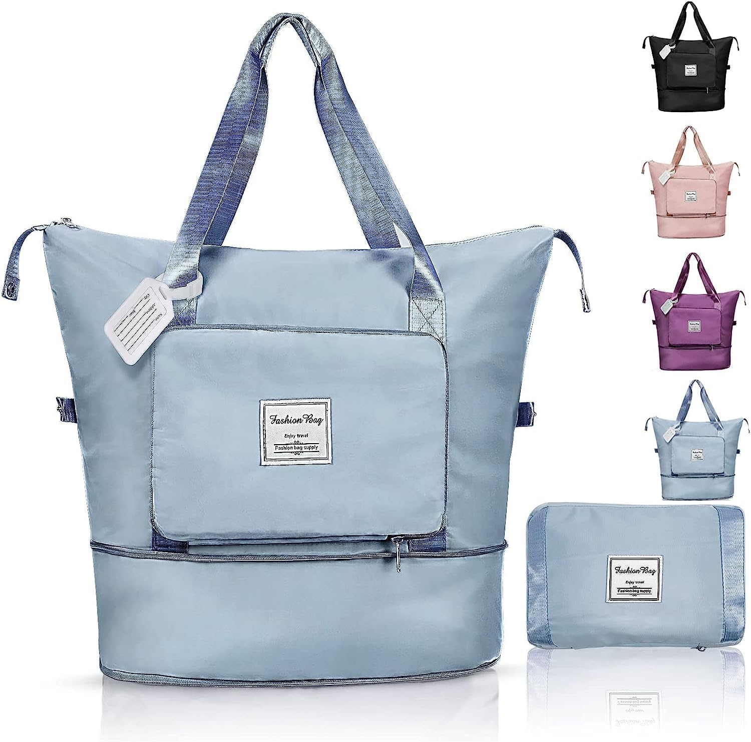 Large Capacity Folding Travel Bag, Travel Duffel Bag with Luggage Tag, Waterproof Lightweight Gym Bag with Wet and Y Separation Bag, for Travel, Sports, Gym, Blue, Folding Travel Bag