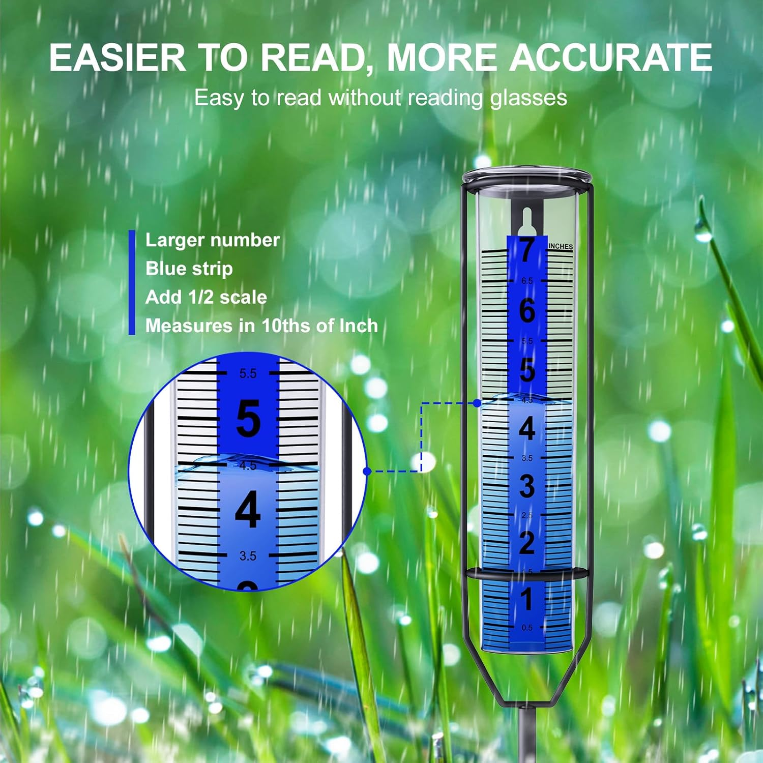 Upgraded Rain Gauge, Freeze Proof Rain Gauge Outdoor Best Rated, Large Numbers Rain Gauges for Yard with Stake, Adjustable Height Rain Measuring Tool for Garden, Lawn, Easy to Install image number 1