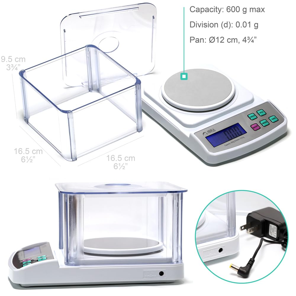 600 G Digital Lab Scale, Piece Counting, Wind Shield, Stainless Steel Pan, Backlit LCD, Multiple Weight Units, Capacity: Max 600 G, Min 0.05 G, Division 0.01 G