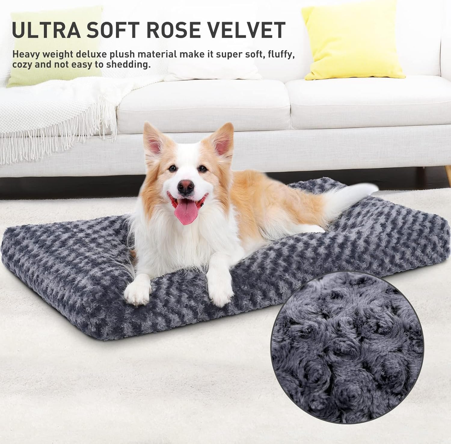 Washable Dog Bed, Dog Crate Mat Comfy Fluffy Kennel Pad Anti-Slip for Dogs, Soft Orthopedic Pad for Kennels for Dogs, Grey (90 * 60 * 8Cm) image number 4