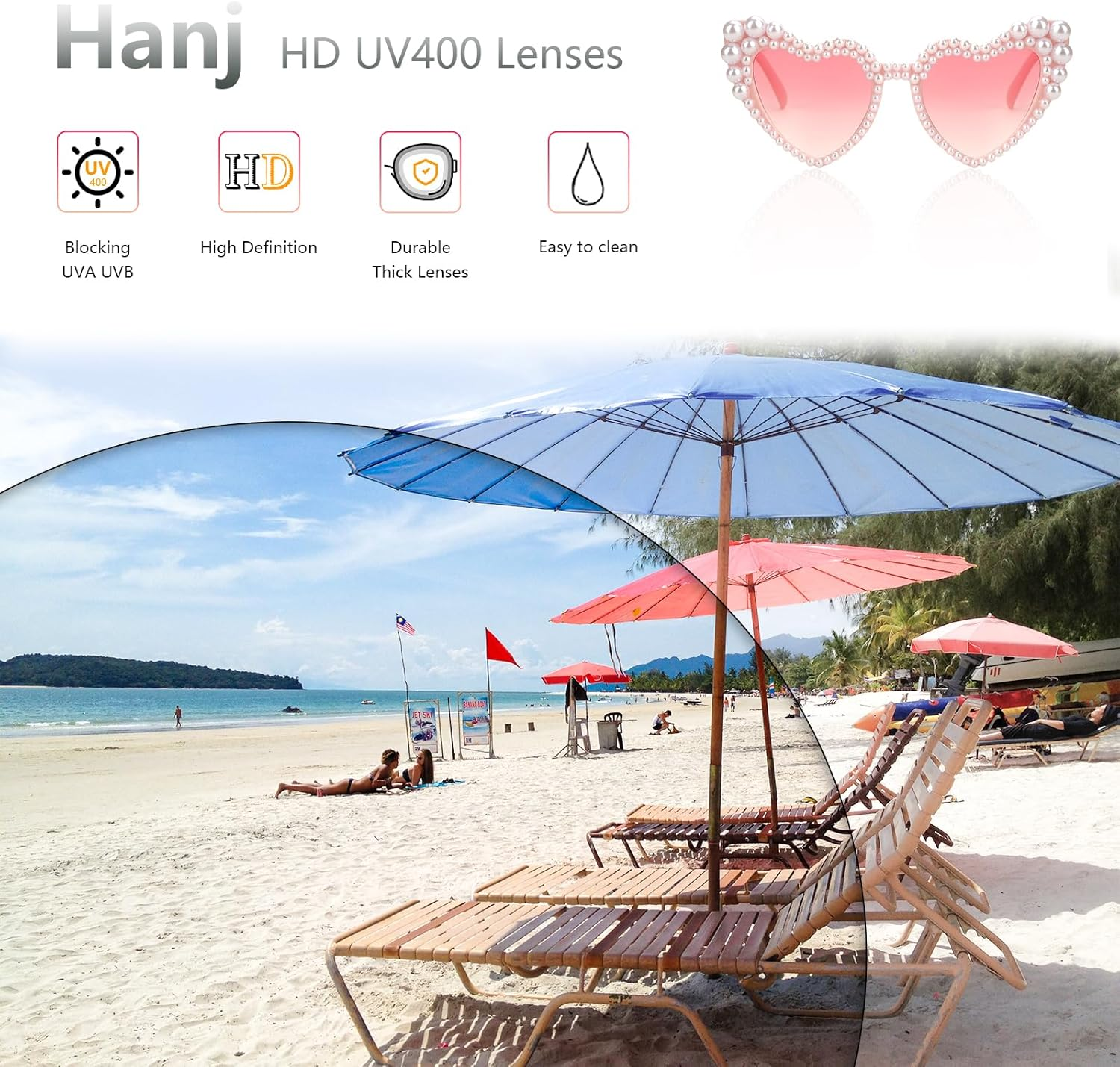 Hanj Love Heart Pearl Sunglasses for Women Rhinestone Glasses Bachelorette Party Bride Sunglasses - White image number 6