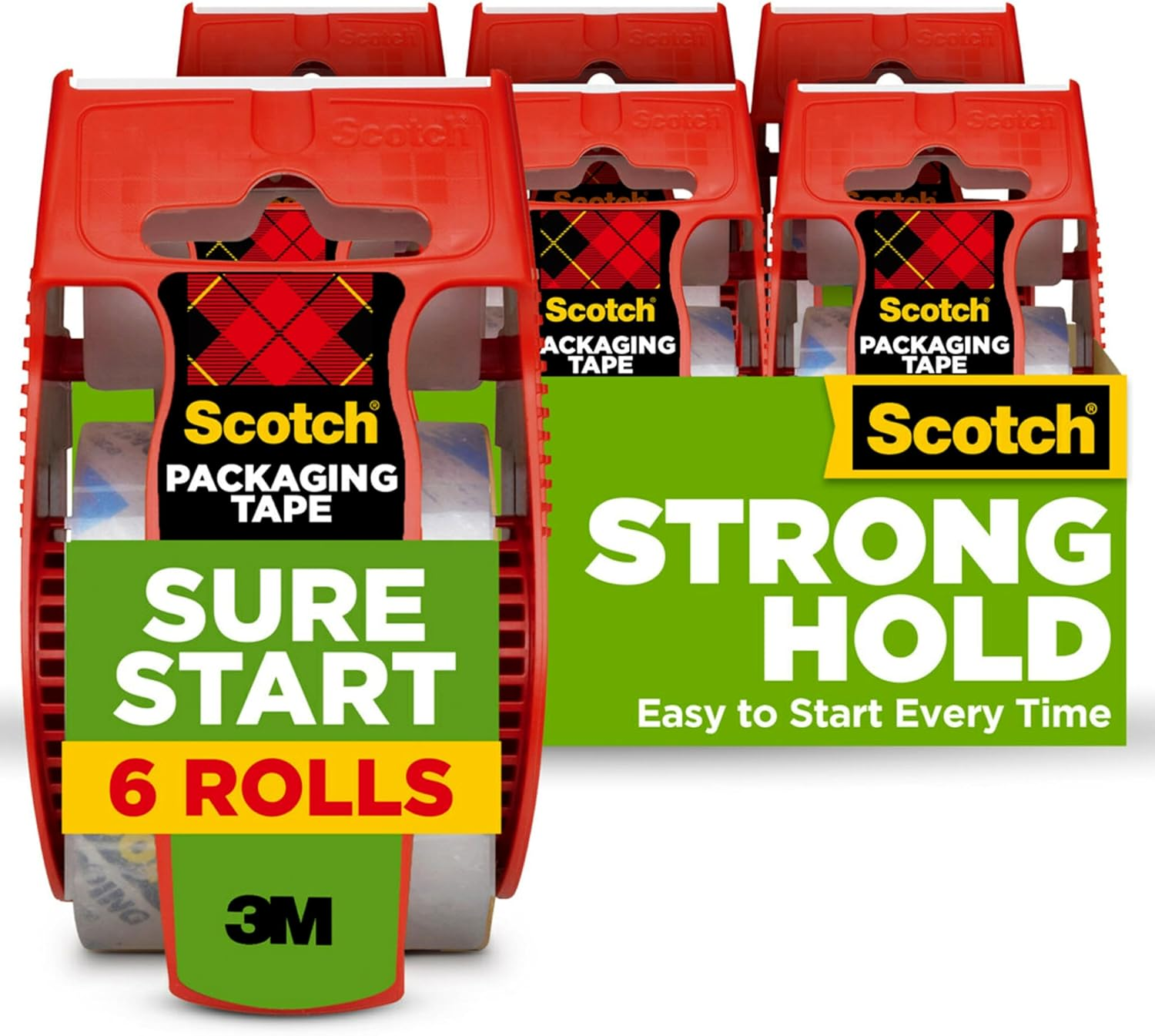 Scotch Sure Start Shipping Packaging Tape, 1.88" X 22.2 Yd, Designed for Packing, Shipping and Mailing, Quiet Unwind, No Splitting or Tearing, 1.5" Core, Clear, 6 Dispensered Rolls (145-6) image number 1