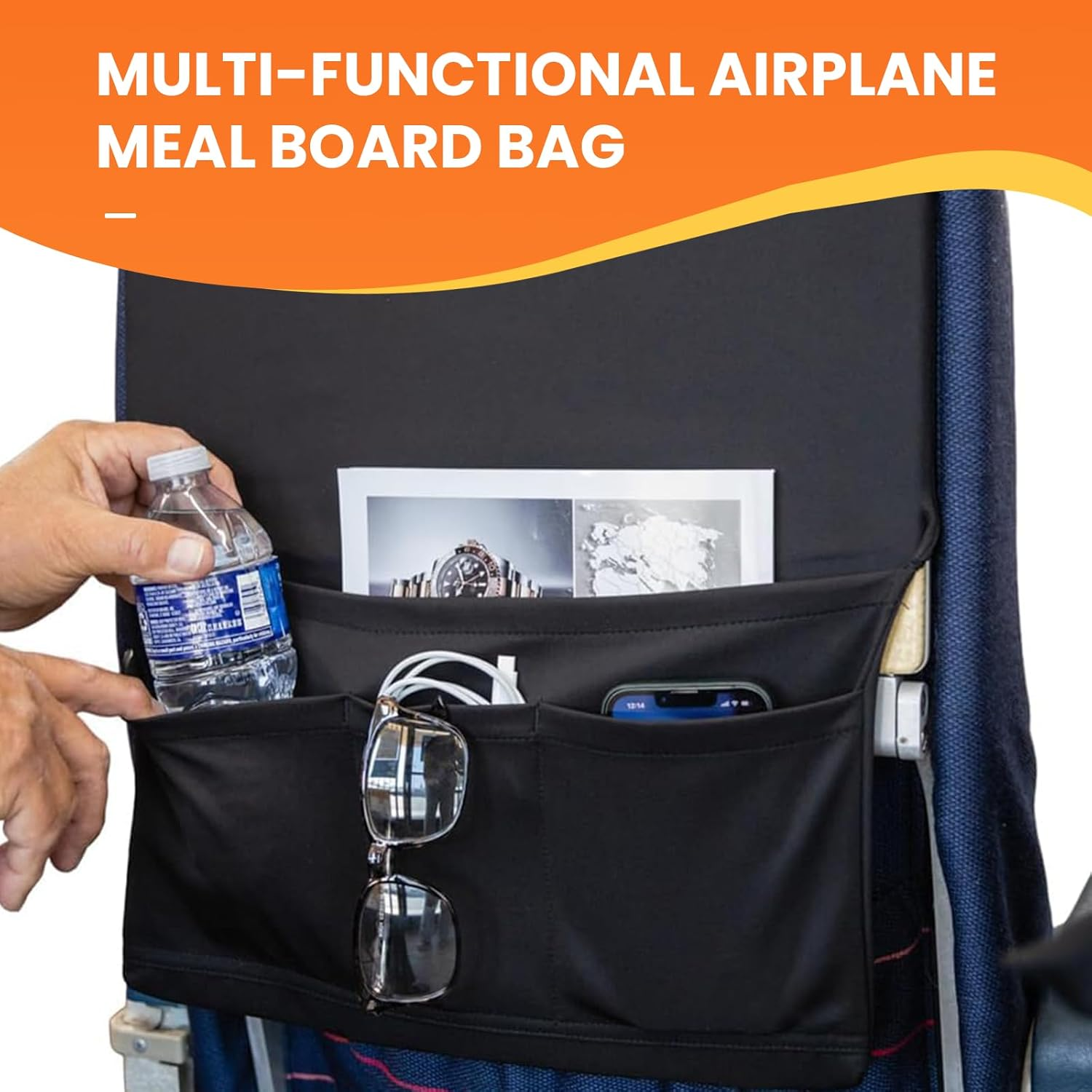 Airplane Seat Back Organizer with Multiple Pockets Durable Polyester Tray Table Cover Storage Bag for Travel Accessories Machine Washable Flight Essentials Organizer (Black,1-Pack) image number 5