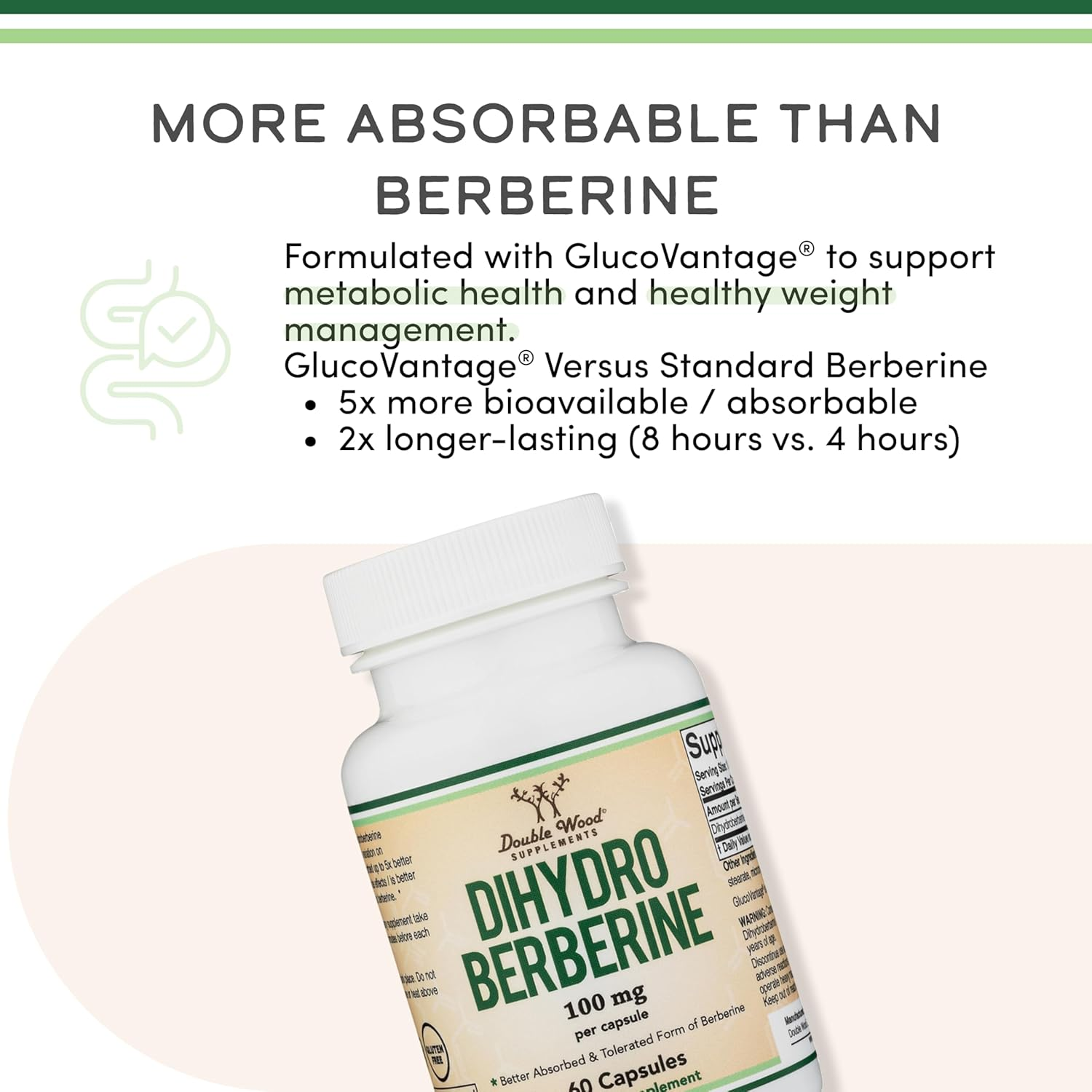Dihydroberberine Supplement 100Mg, 60 Capsules (Patented Glucovantage Super Berberine, May Be 5X More Effective than Berberine with Less Side Effects) Third Party Tested, Vegan Safe by Double Wood image number 2