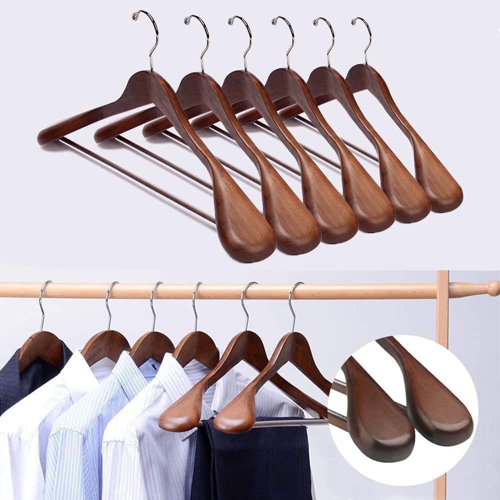 ADTZYLD Luxury Wide Shoulder Wooden Hangers with Extra-Wide Shoulder,6 Pack Wood Coat Hangers for Jacket Outerwear Shirt Hanger 360 Degree Swivel Hooks Anti-Slip Bar with Screw (Natural)
