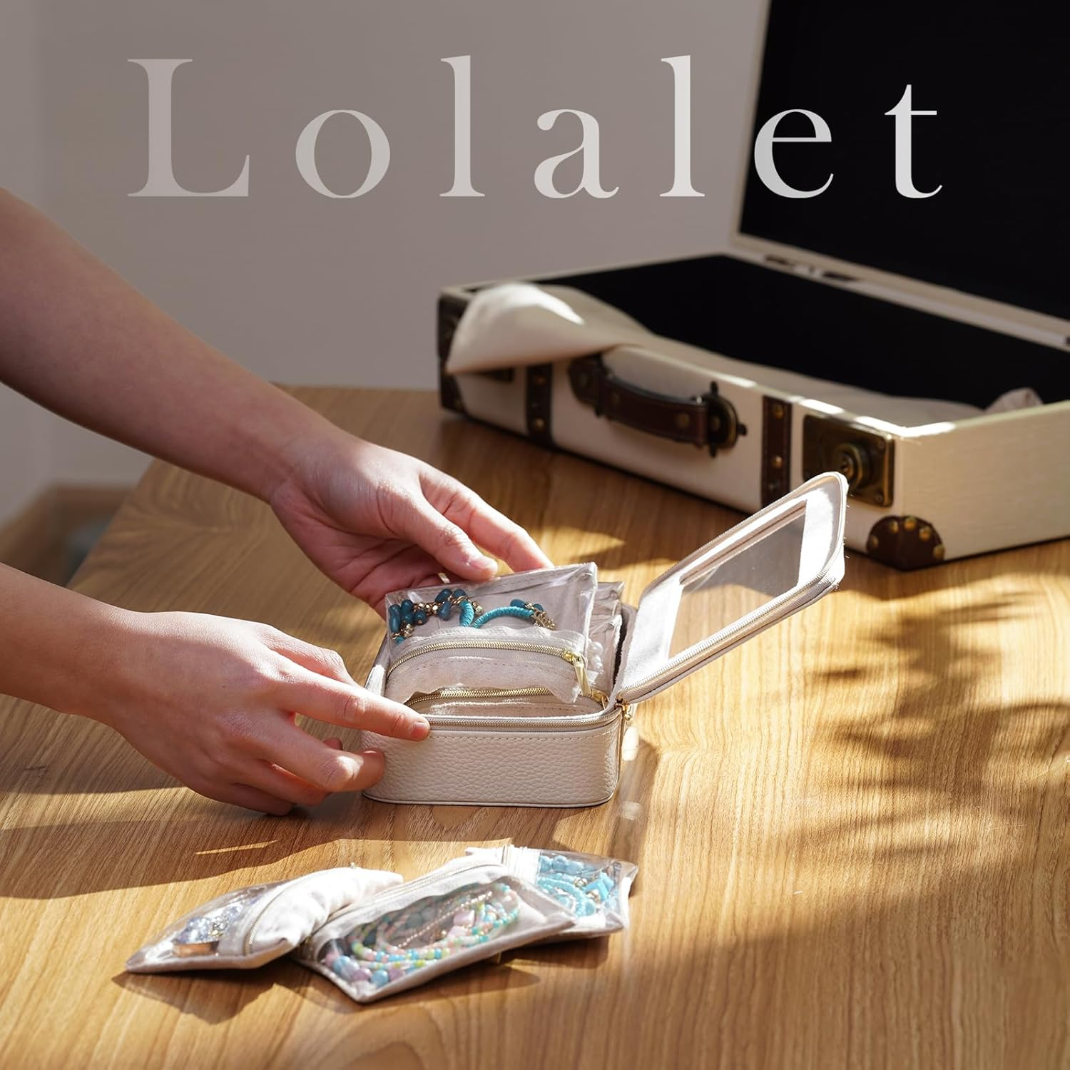 Lolalet 8 in 1 Travel Jewelry Case with Velvet Pouches, Clear Window Travel Jewelry Organizer Bags for Earrings, Bracelets, Necklaces and Rings, Compact Jewelry Storage for Women Girls- Beige, 7Pcs - Blue image number 5