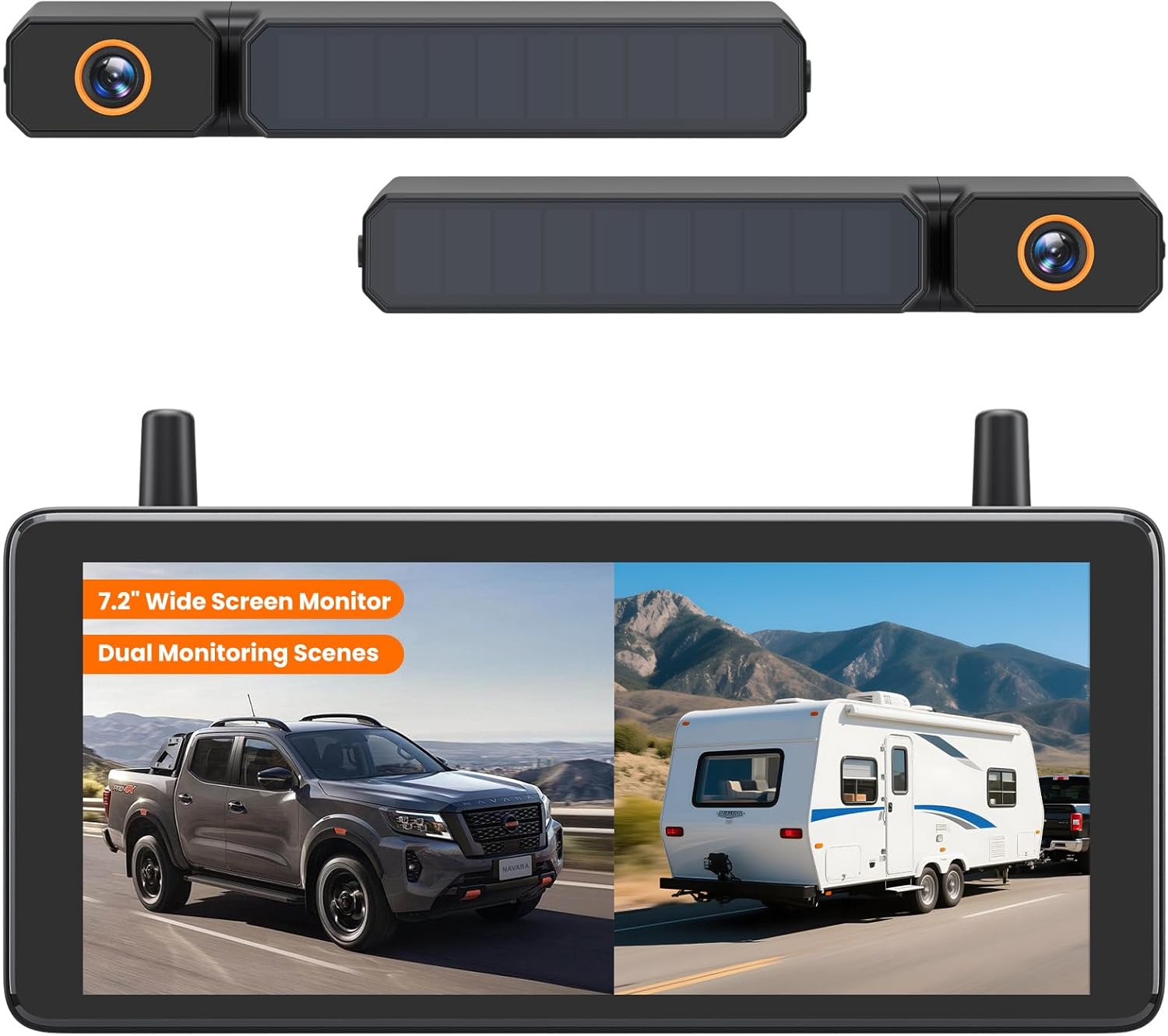 AUTO-VOX 2 Solar Wireless Backup Camera System with Two Cameras (License Plate & Portable): 7.2&rdquo; 1080P HD Dual Channel Monitor, IP69K Waterproof Back up Camera for Truck,Rv,Camper,Horse/Boat Trailer image number 3