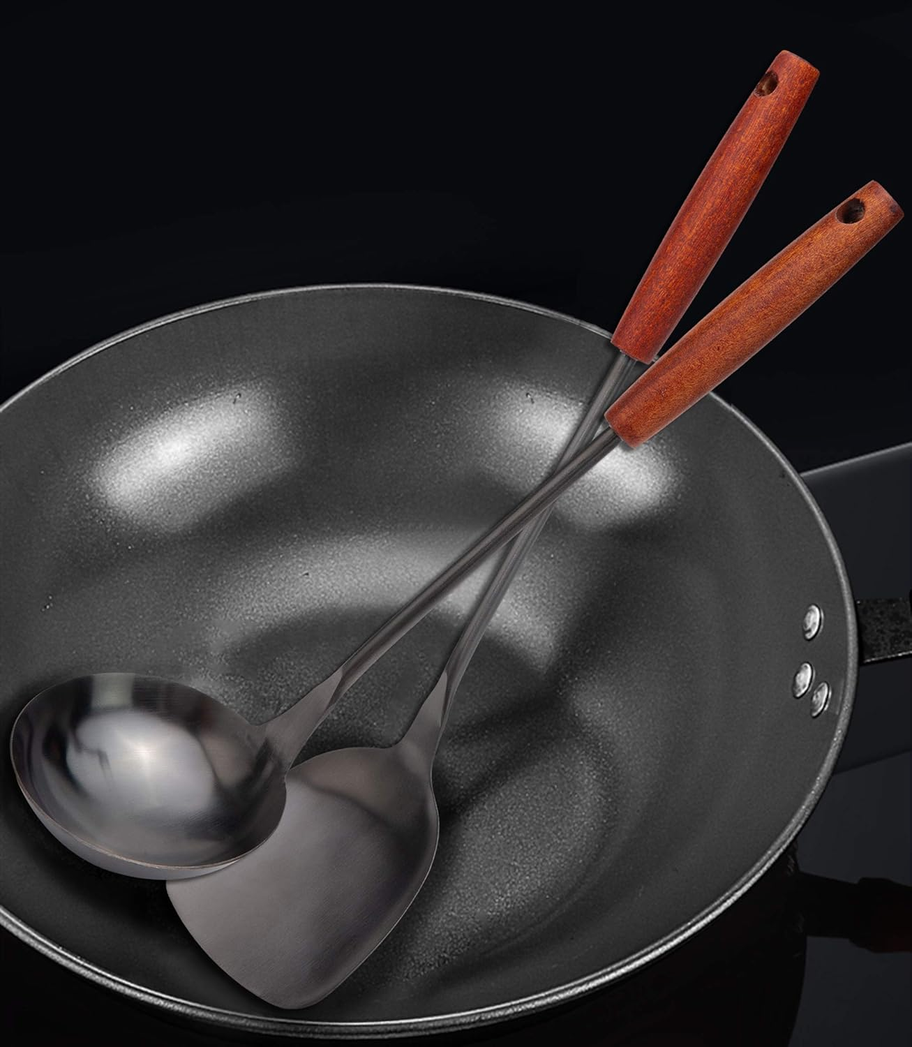 Soup Ladle 14.2 Inches Wok Utensils - Stainless Steel, Rust Proof with Ergonomic Wooden Handle for Cooking, Gravy, Sauces, and More