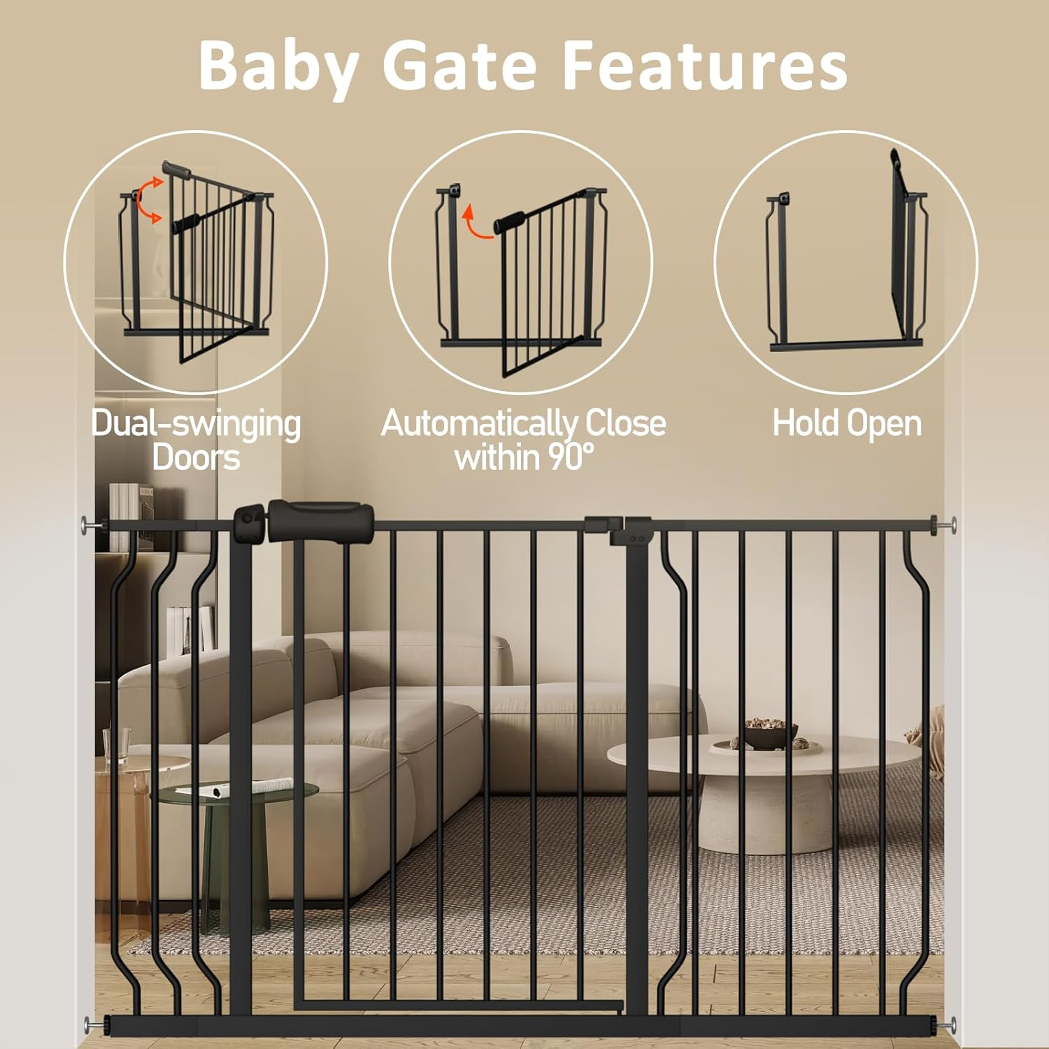 DEARBB Wide Baby Gate 110 to 134Cm Wide,78Cm Tall Walk Thru Pressure Mount Dog Gate with Small Pet Door,Double Lock Auto Close, for Stairs and House Doorway Kitchen image number 5