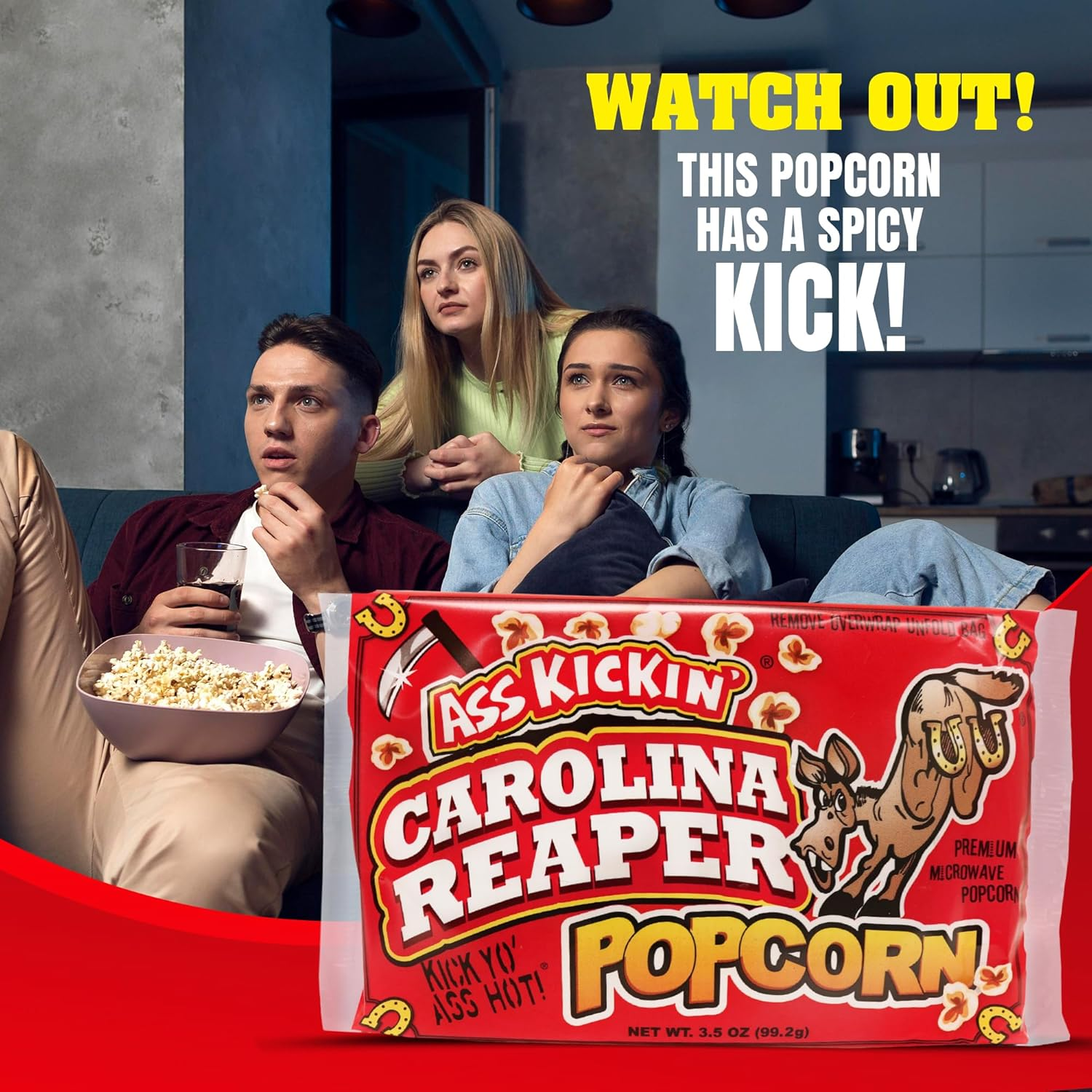 KICKIN&rsquo; Carolina Reaper Pepper Microwave Popcorn - Spicy Snacks - Pack of 3 - Ultimate Spicy Gourmet Gift Popcorn - Makes a Great Movie Theater Popcorn or Snack Food - Try If You Dare! image number 6