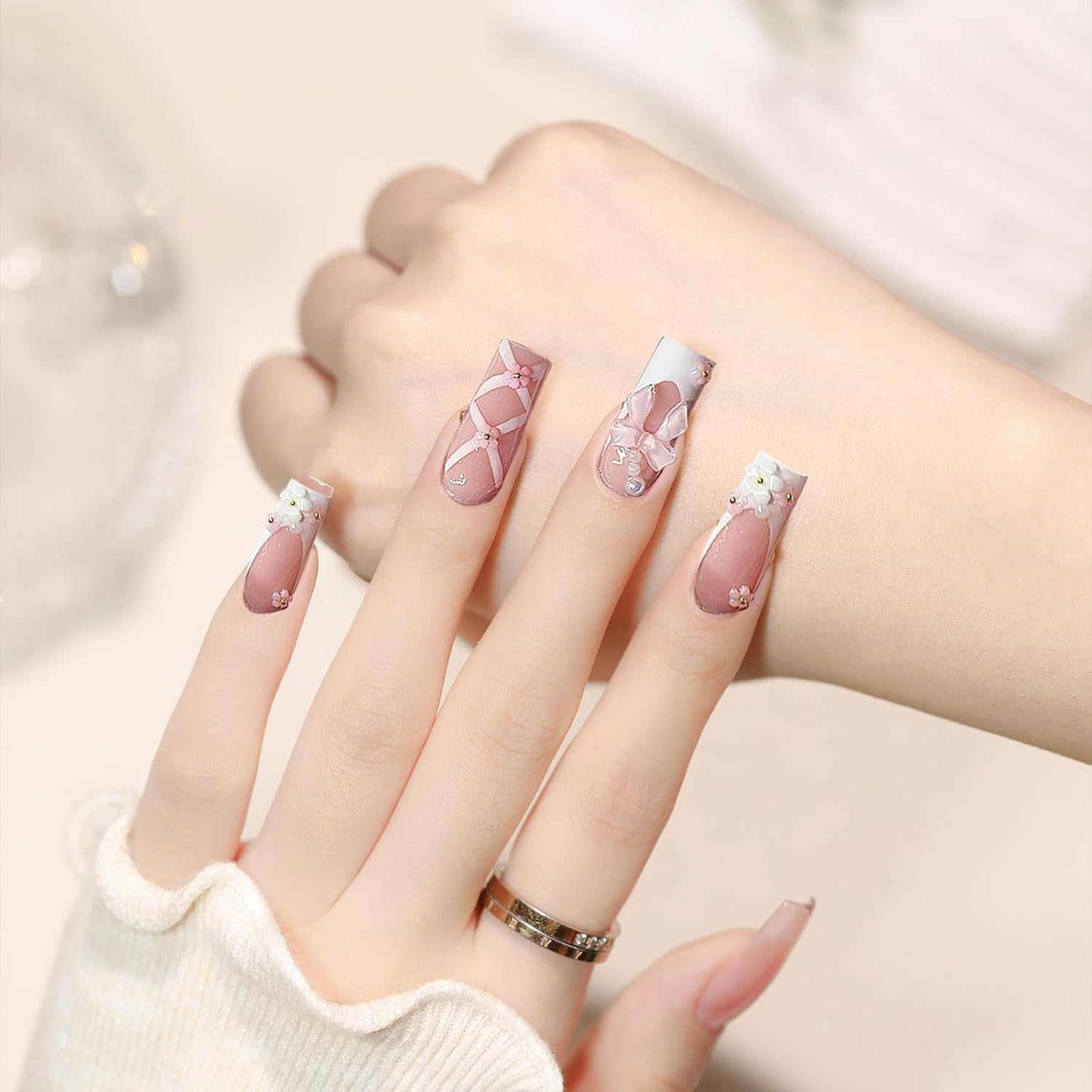 Goiern 24 Pieces Press on Nails Medium Length Rhinestone Pink False Nails Square Glitter Shiny 3D Flower False Nail Tips