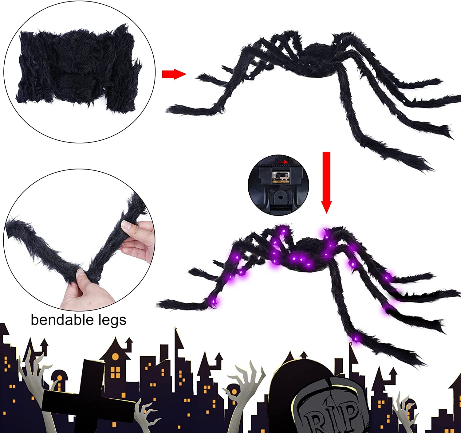 VOMAOK Halloween Spider Decorations 4Ft Light up Giant Spider(2 Pack) for Indoor Outdoor Halloween Decorations Yard Party House D&eacute;cor image number 2