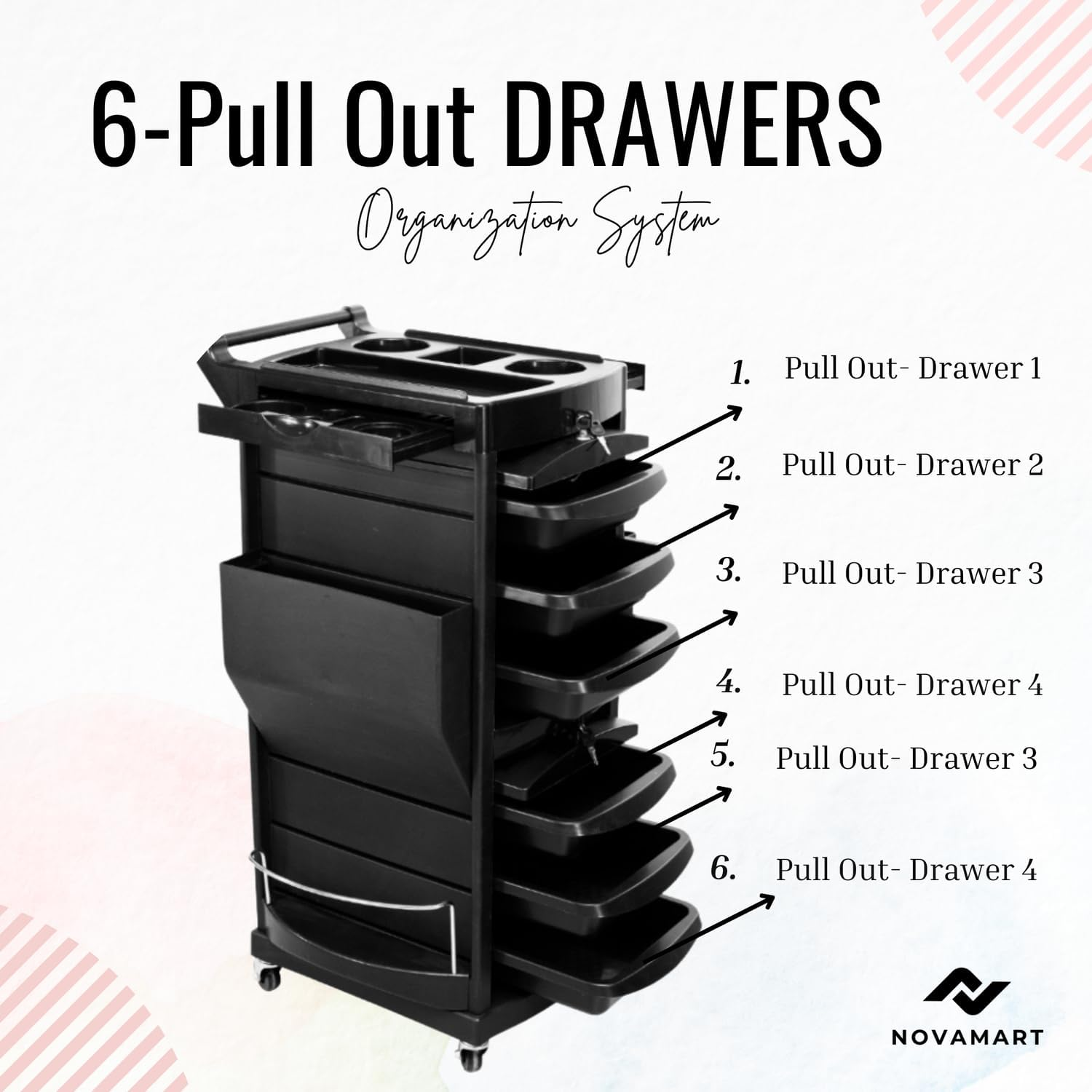 NOVAMART Hairdressing Trolley with 6 Lockable Trays & 2 Tray Holders &ndash; Salon Rolling Cart with Ample Storage, Easy Assembly & Multi-Compartment Design for Barber, Spa & Beauty Accessories image number 6