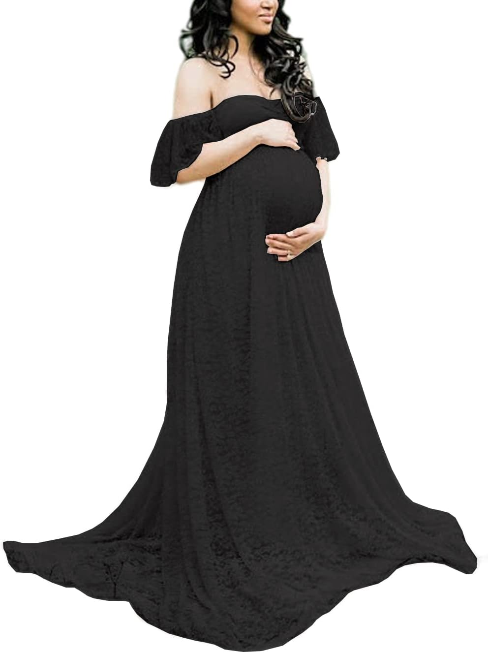 ZIUMUDY Photography Maternity Dress off Shoulder Lace Baby Shower Pregnant Wedding Dress
