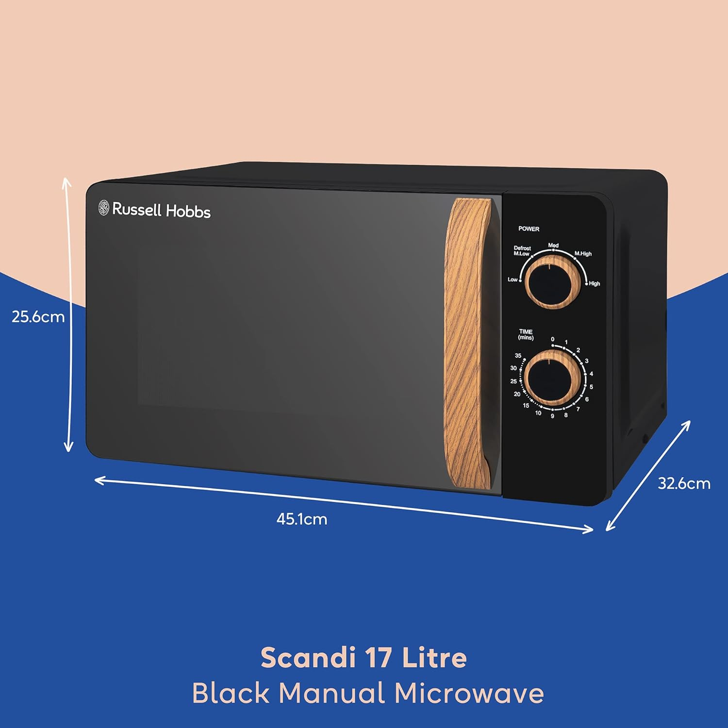 Russell Hobbs RHMM713B-N 17L 700W Scandi Compact Black Manual Microwave with 5 Power Levels, Wood Effect Handle & Dials, Timer, Defrost Setting, Easy Clean image number 2