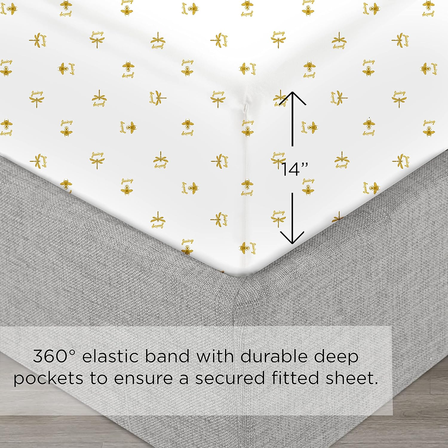 Juicy Couture &ndash; Sheet Set | Queen Bee Design Bed Sheets| Twin Size Bedding | 3 Piece Set Fitted Sheet, Flat Sheet and Pillowcase | Deep Pockets, Wrinkle Resistant and anti Pilling | White and Gold image number 2