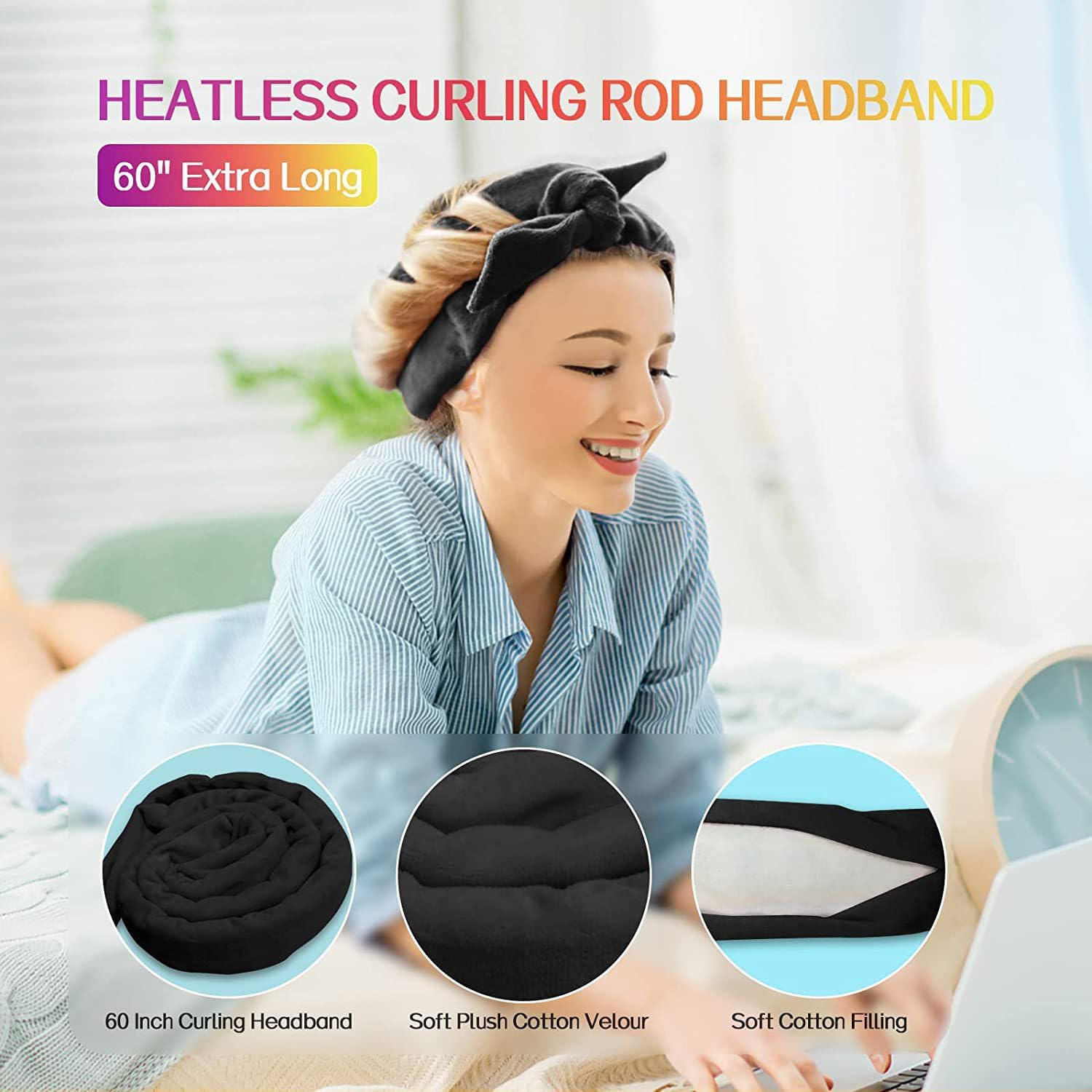 JIEYUCHU Curlers Curls without Heat, DIY Heatless Hair Curler Set, Manual Headband Curler, Hair Band, Wave Formers Overnight for Medium Long Hair (Black) image number 4