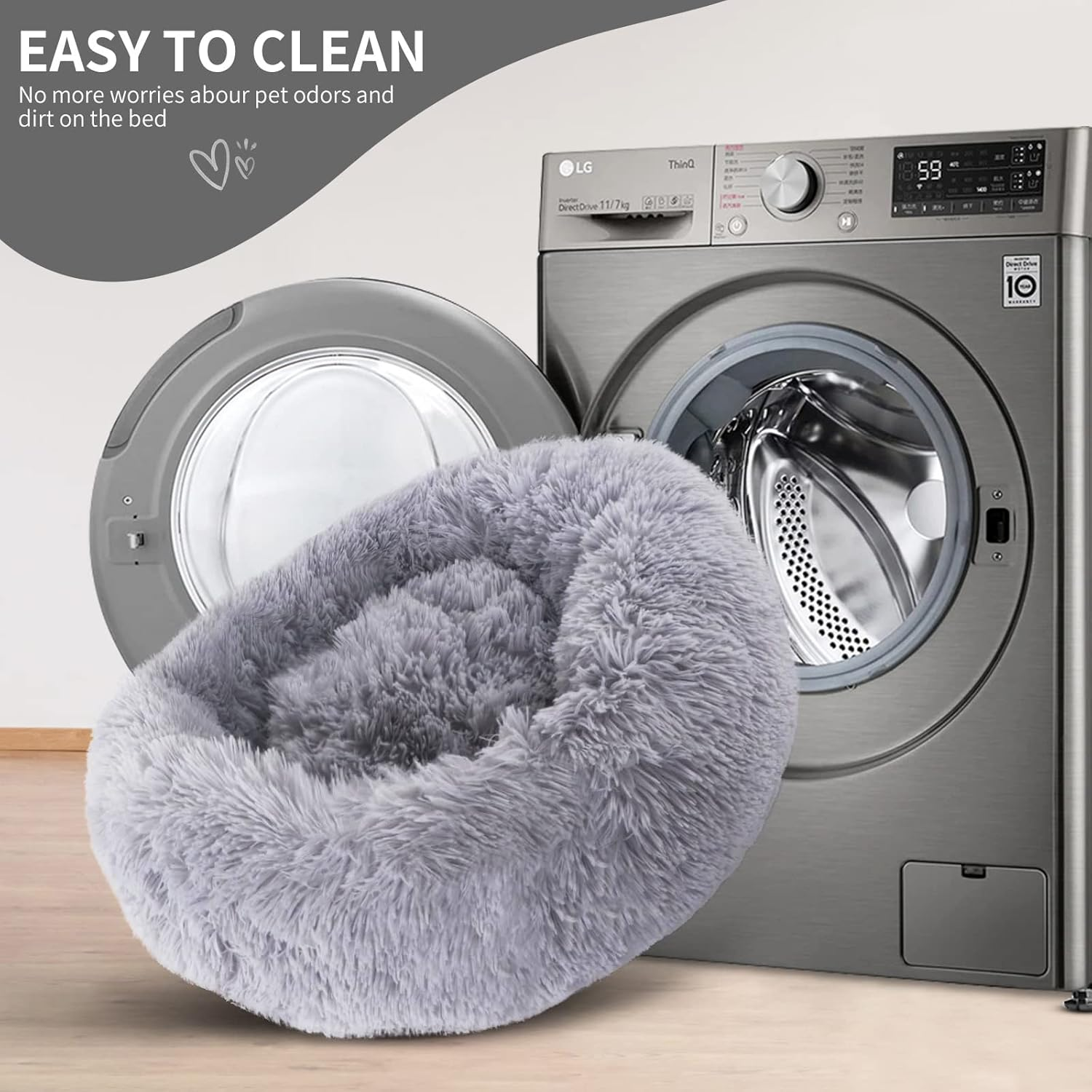 Calming Dog Bed, Cat Bed Pet Bed Pet Mat round Fluffy Soft Non-Slip Pet Bed for Indoor Machine Washable Donut Self Warming Calming Pet Nest for Small Dogs Kittens,Dog Nest (D60Cm, Light Grey) image number 2