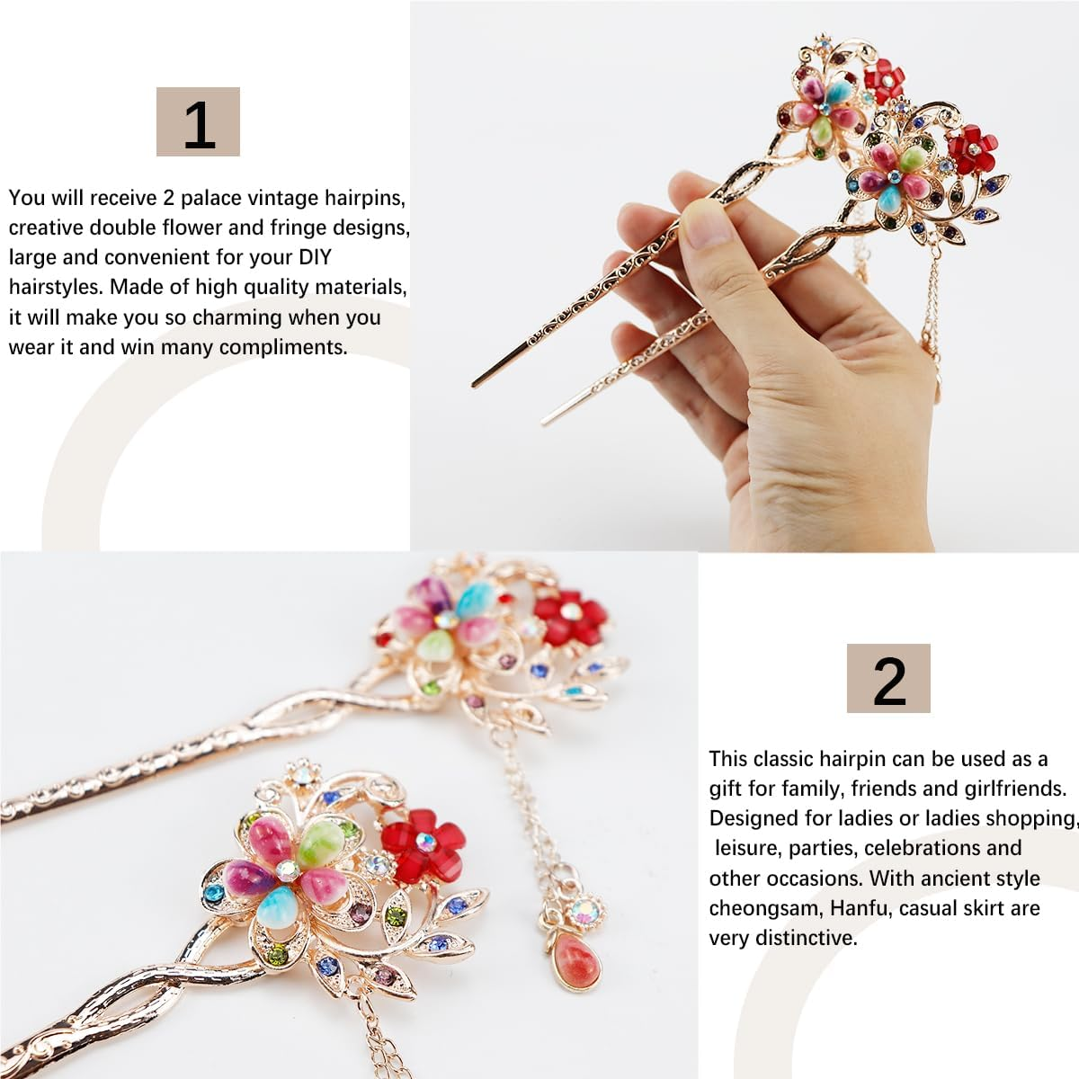LNQ LUNIQI Chinese Hair Sticks Gold, Pack of 2 Vintage Hair Sticks with Pendant, Elegant Hair Stick with Rhinestones for Decorative Hair, Solid Hairstyle, 15 Cm image number 5