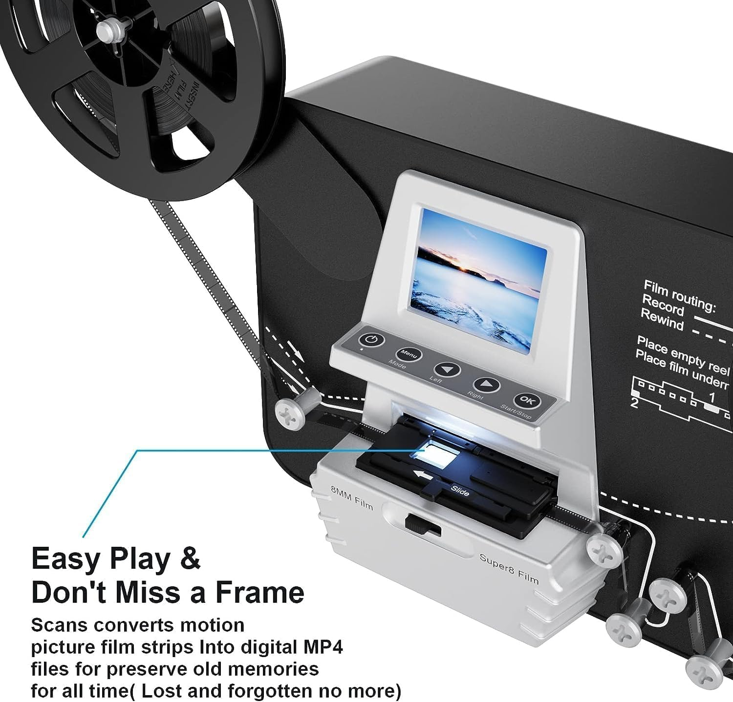 Super 8/8Mm Film Scanner, Frame by Frame Scan to Convert 3 Inch and 5 Inch 8Mm Super 8 Film Reels into 1080P Digital Videos,Pro Film Digitizer Machine with 2.4" Lcd,With 32 GB SD Card