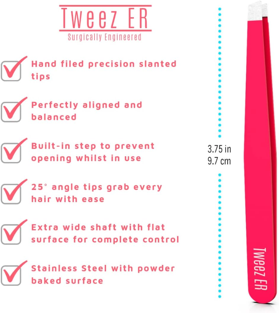 Pink Eyebrow Tweezers by Tweez ER | Professional Slant Tip Tweezer | the Best Surgical Grade Precision Hand Filed Stainless Steel Tweezer for Expert Results & Your Daily Beauty Routine