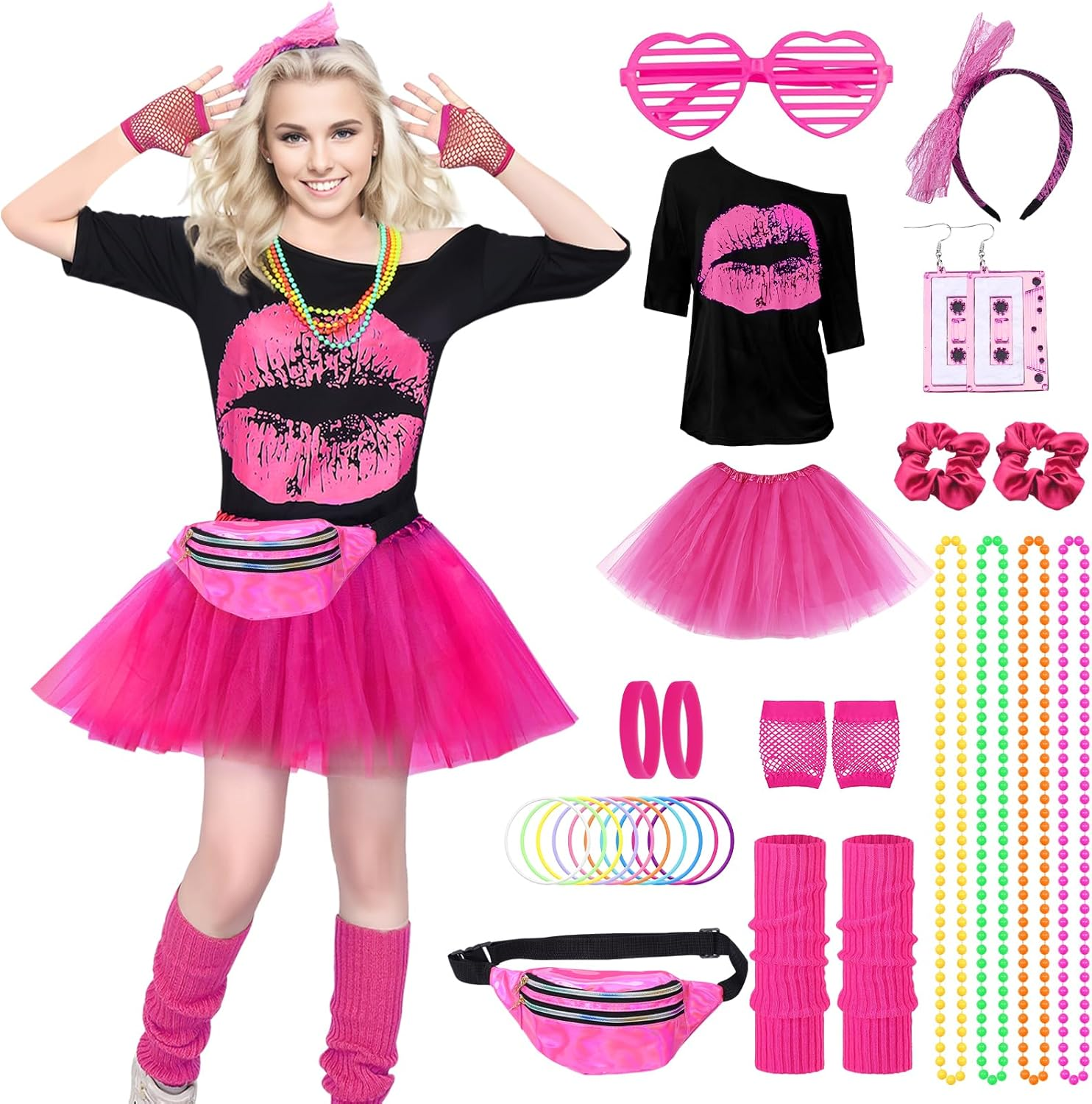 80S Fancy Dress for Women 80S Costume Accessories Set Lips Print T-Shirt Adult Tutu Skirt Lace Headband Neon Earrings Necklace Leg Warmers Fishnet Gloves Bracelet for Party