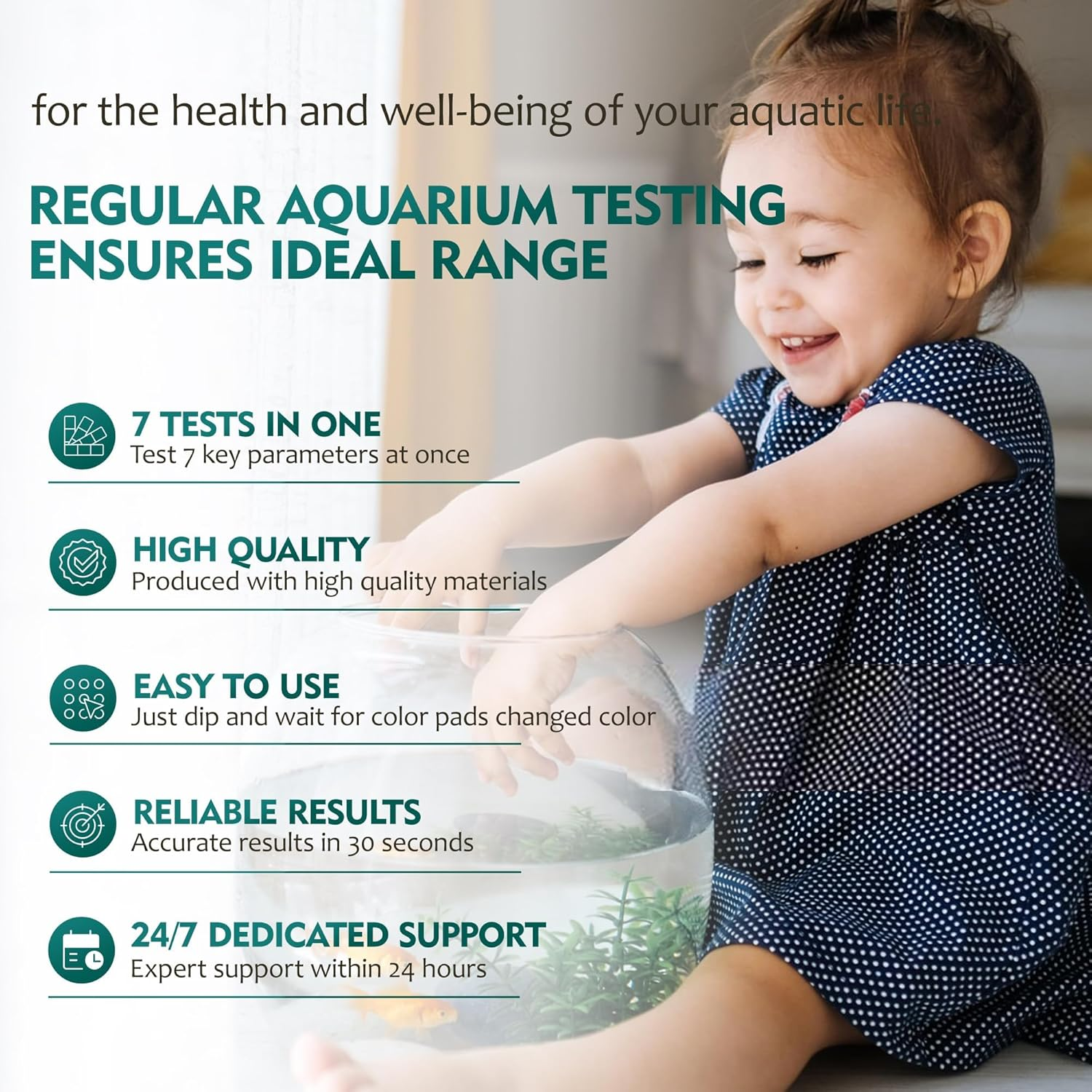7 in 1 Aquarium Test Strips, 125 Count Fish Tank Test Strips for Freshwater Saltwater Pond, Water Testing Kit Aquarium for Chlorine, Total Hardness, Carbonate, Alkalinity, Nitrate, Nitrite and Ph