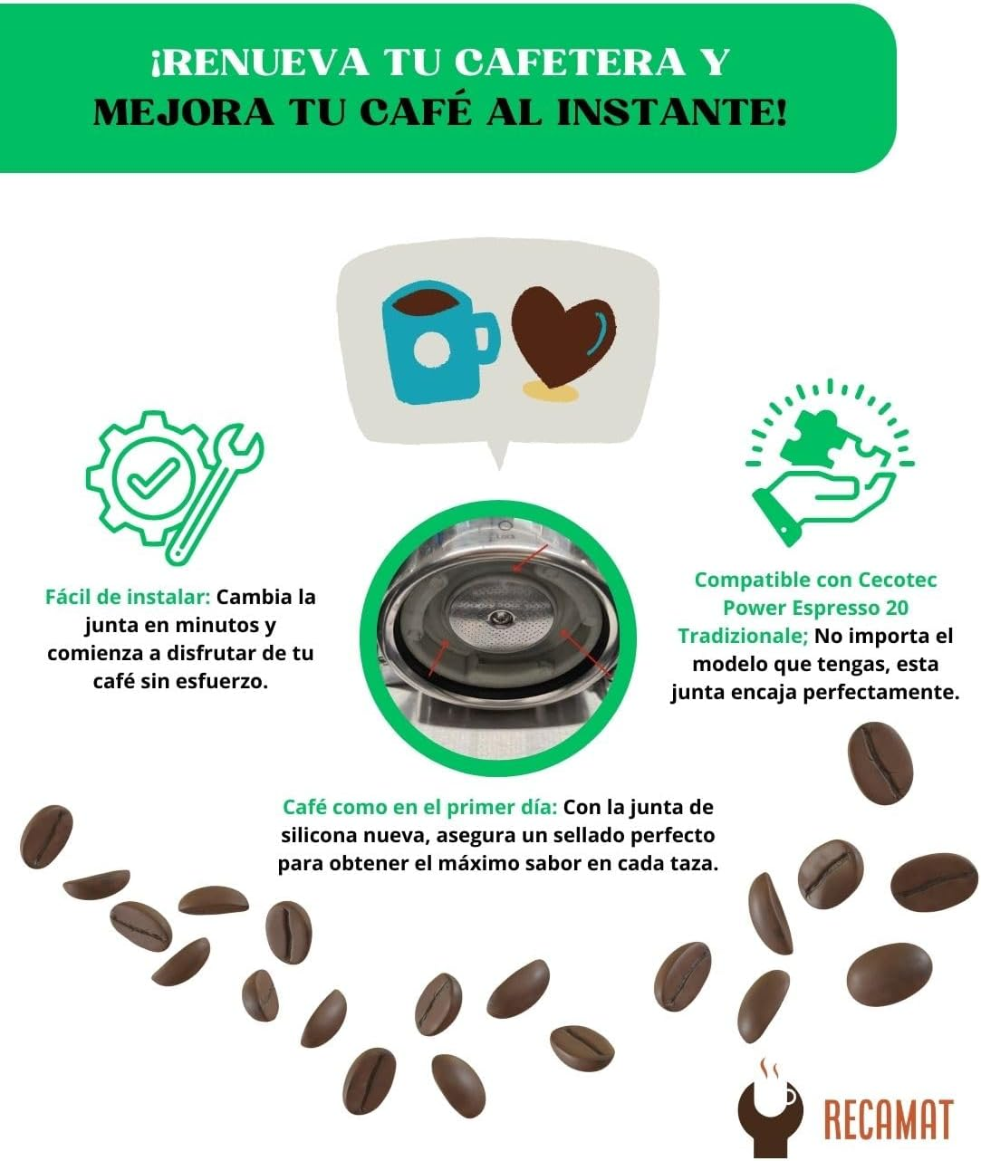 RECAMAT. Replacement Strainer Gasket for Cecotec Power Espresso 20 Tradizionale Durable Heat Resistant Replacement