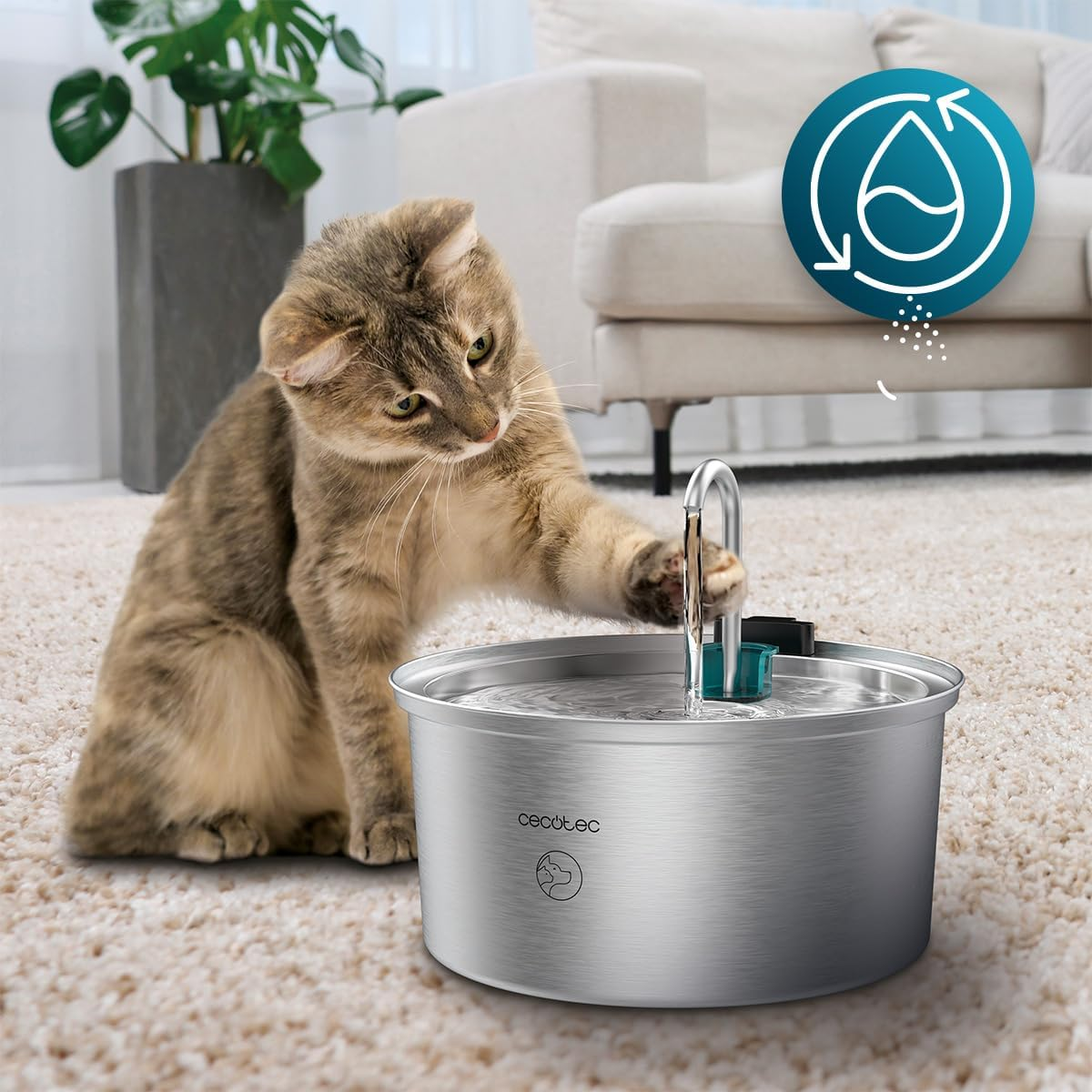Cecotec Pumba 3200 Refresh Stainless Steel Automatic Pet Fountain for Cats, Stainless Steel, High Performance Filter, Quiet, Waterfall Design, IPX4, Easy Cleaning