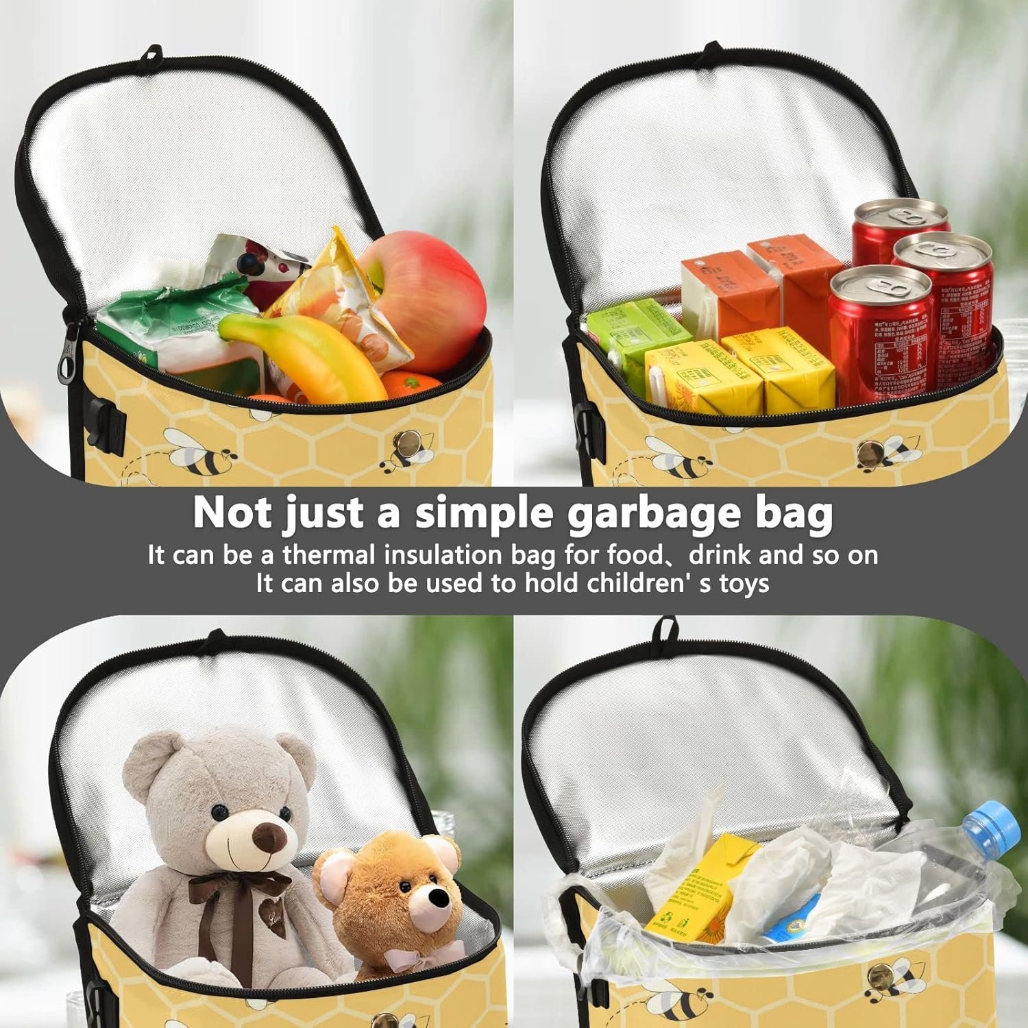 Quteprint Animal Bees Honeycomb Yellow Car Trash Can with Lid, Car Garbage Bag Can Hanging Storage Bag Leakproof Vehicle Car Organizer Accessories Trash Bag Bin Toy Cooler Food Container for Car SUV image number 3