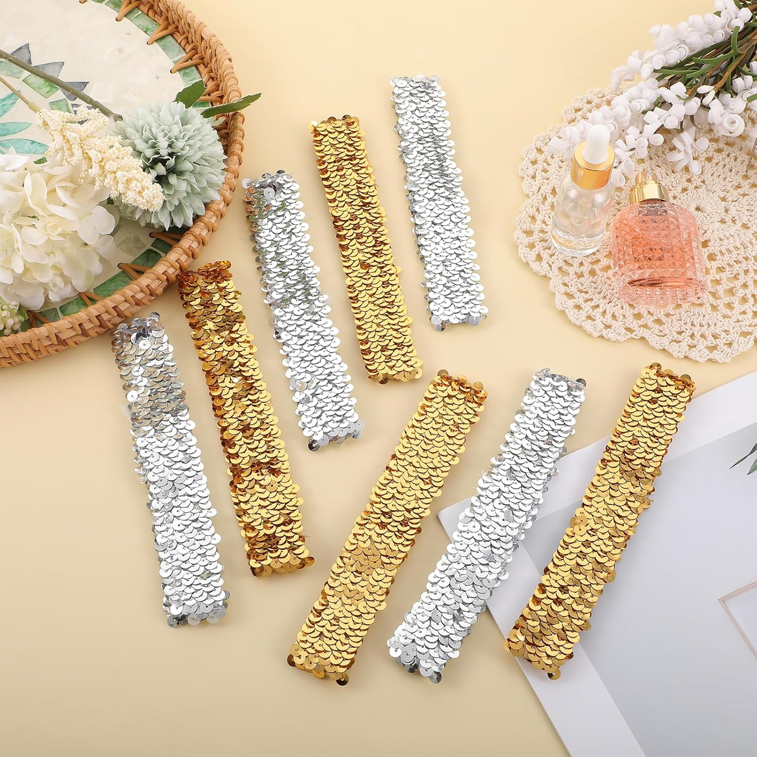 Sequin Headbands 12 Pack - Silver & Gold, Sparkle Disco Adjustable Elastic Glitter Head Bands for Girls & Women, Sparkly Fashion Elastic Headbands for Dance Party image number 3