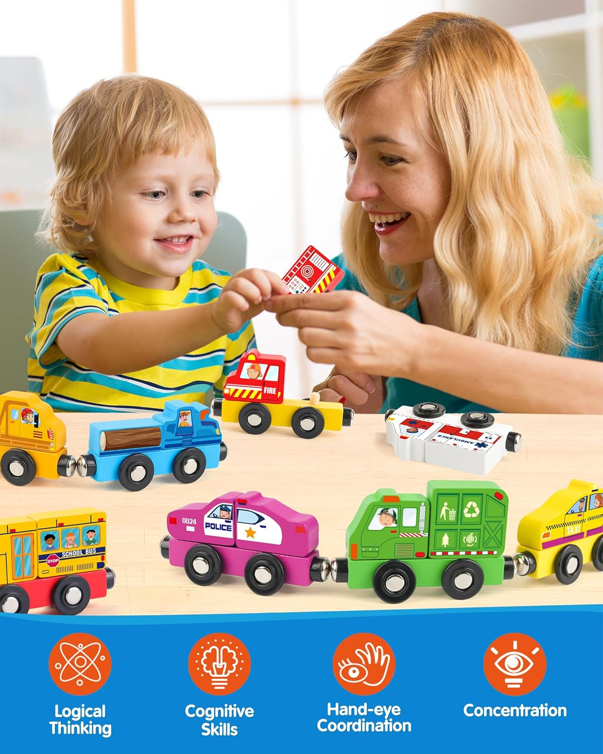 Vanmor Wooden Car Vehicle Set, 8 PCS Magnetic City-Themed Train for Toddlers, Montessori Fine Motor Skills Educational Toy for Kids Aged 3 for Imaginative Play and Development image number 1