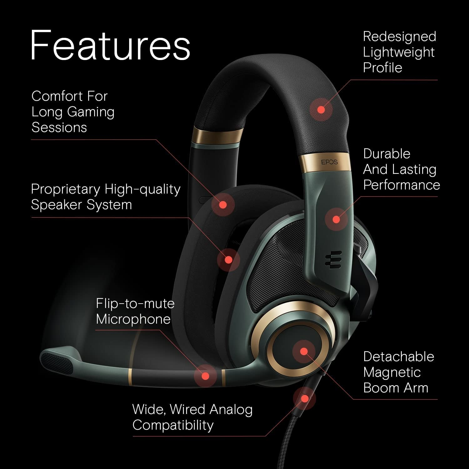 EPOS H6PRO Open Acoustic Professional Gaming Headset; Detachable Lift-To-Mute Mic; Lightweight, Comfortable, Durable; PC, Xbox, Playstation, Switch Compatible; Wired Headset (Racing Green) - Sebring Black image number 5
