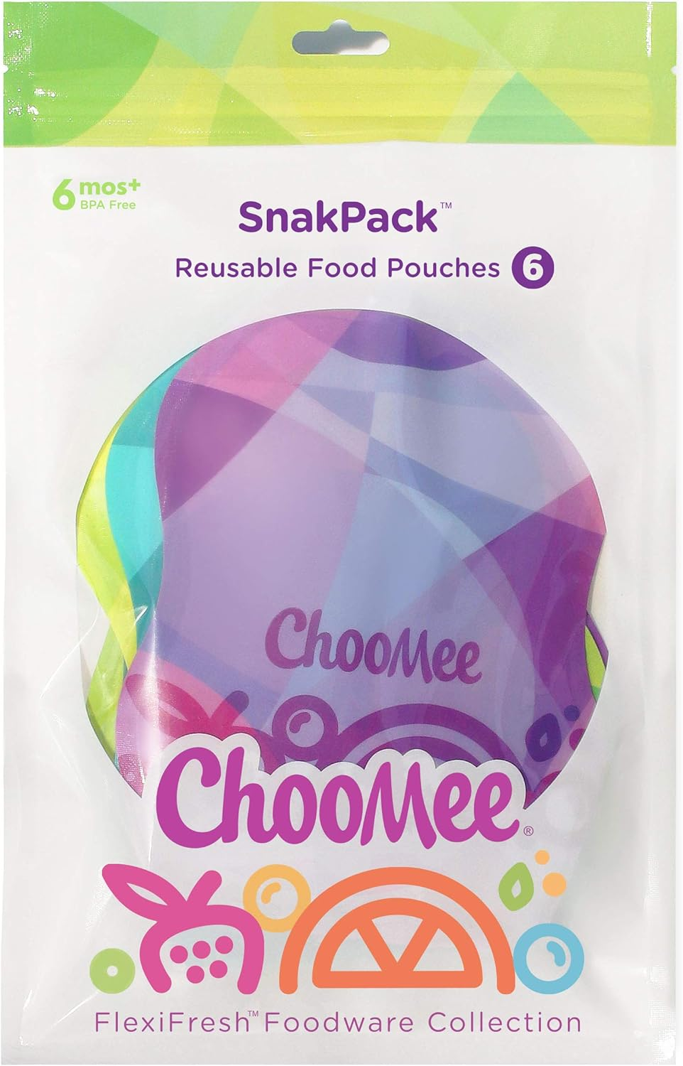 Choomee Reusable Baby Food Storage Pouches, 8 Oz | Ideal for Baby Food, Smoothies and Purees | Secure Double Lock Zipper, Wide Bottom, BPA Free | Snakpack Tropicolor 6 CT image number 5