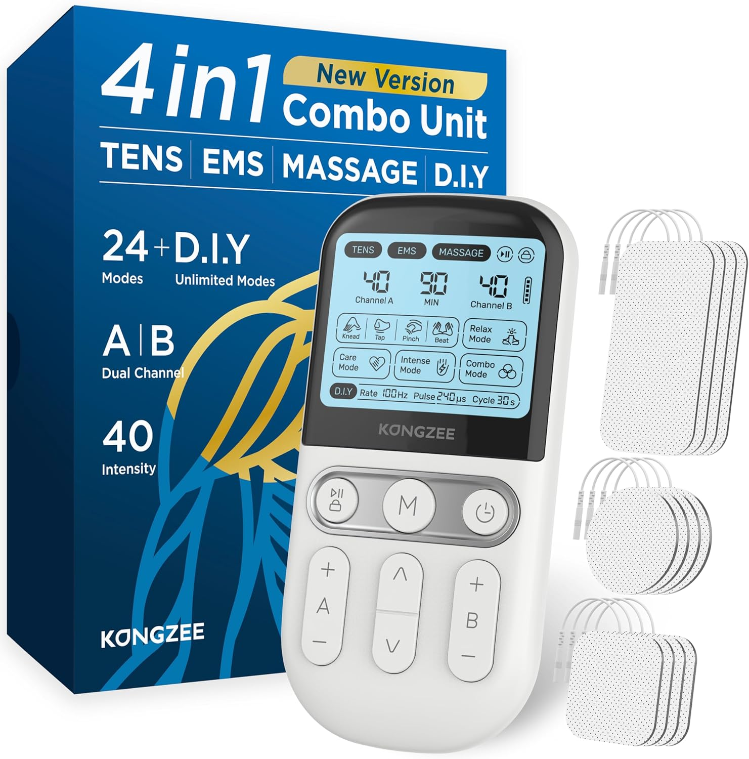 4 in 1 - D.I.Y & Tens Unit & EMS & Massage Muscle Stimulator, Dual Channel TENS Units Therapy Machine Rechargeable Electronic Pulse Massager for Foot/Back,With 12Pcs Electrode Pads.