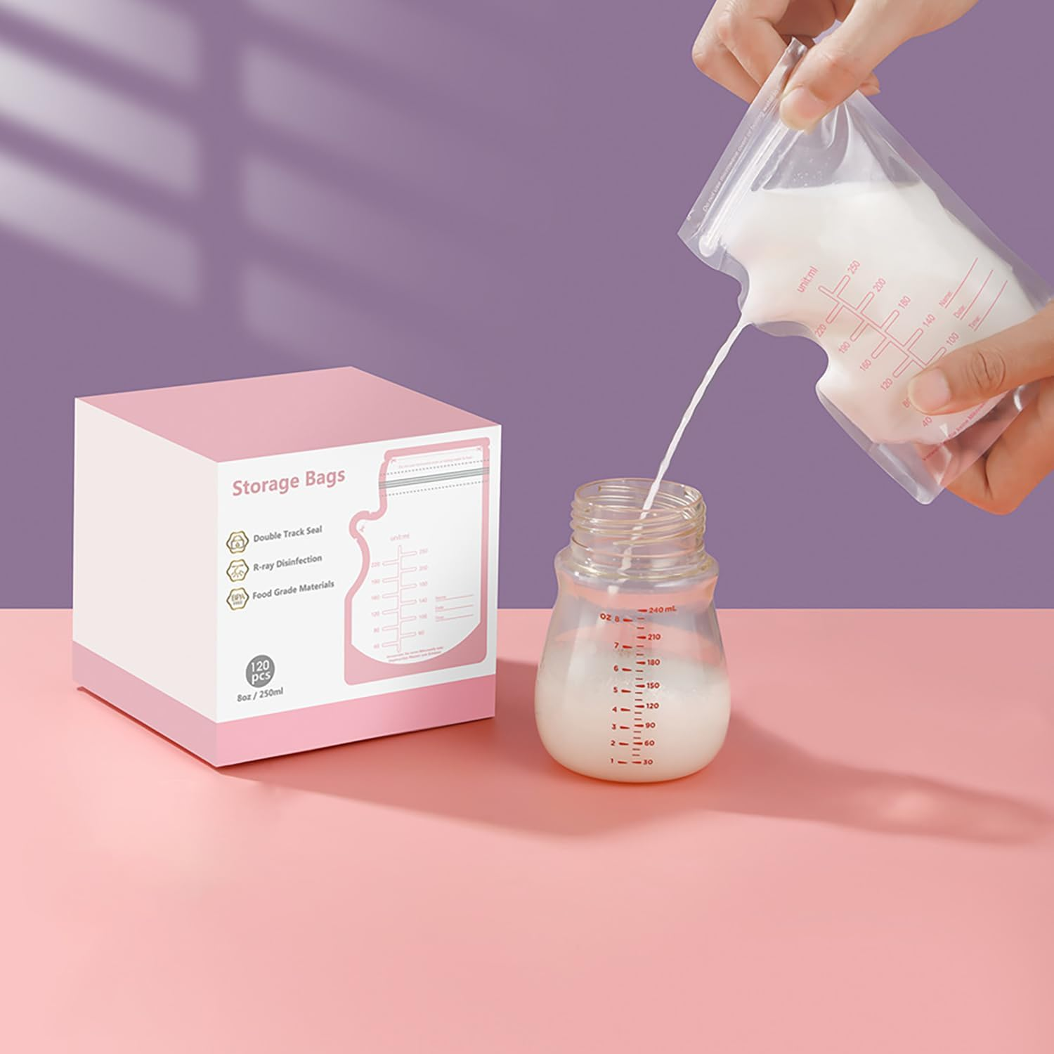 Breast Milk Storage Bags 120 Pack,Recyclable & BPA Free,Pre-Sterilised,Breastfeeding Disposable Milk Storage Bag,No-Leak Milk Freezer Storage Pouche,250Ml/8.8Oz Capacity image number 2