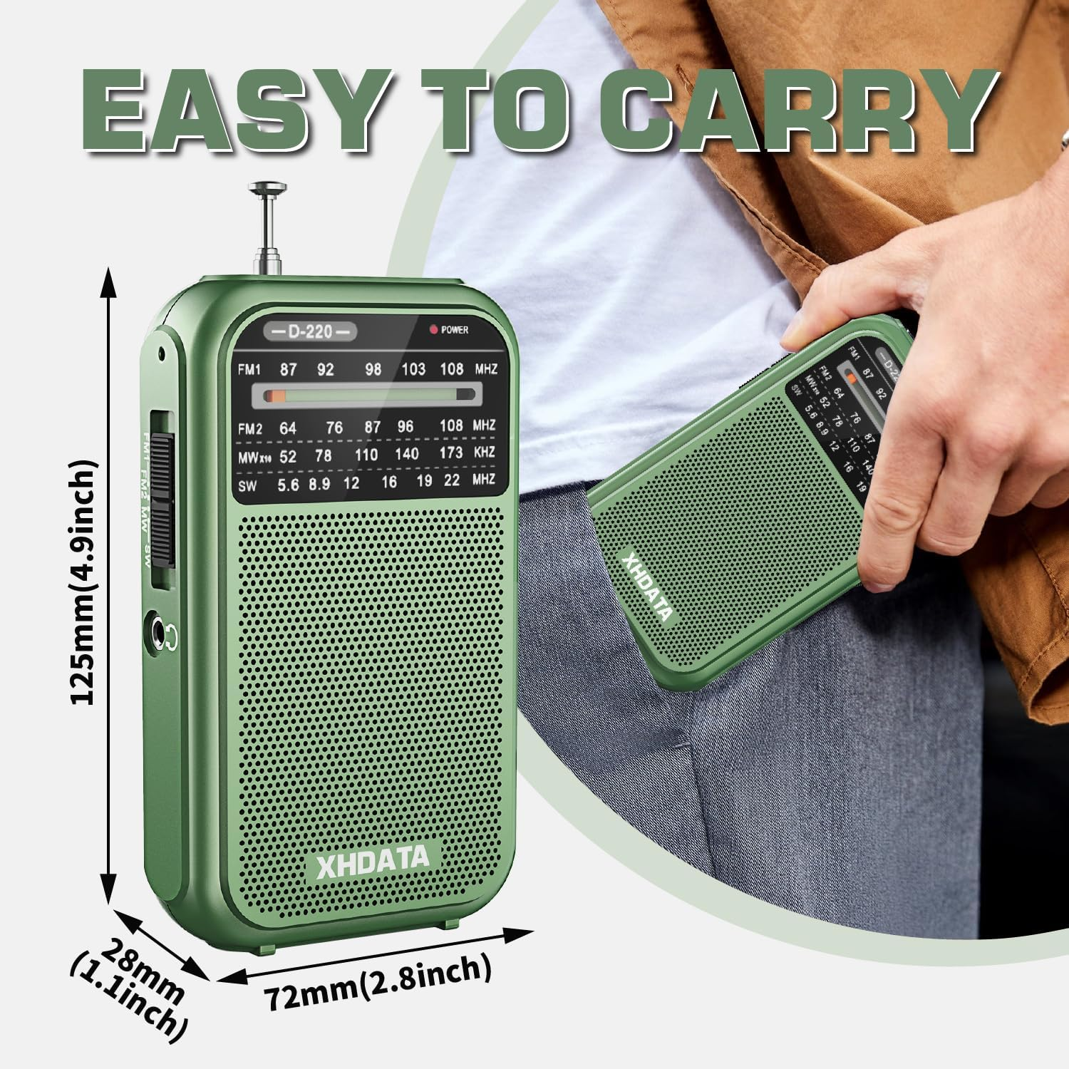 XHDATA D-220 FM Radio for Home Portable MW Shortwave Receiver Battery Operated Small Pocket Speaker Excellent Reception Emergencies Green image number 1