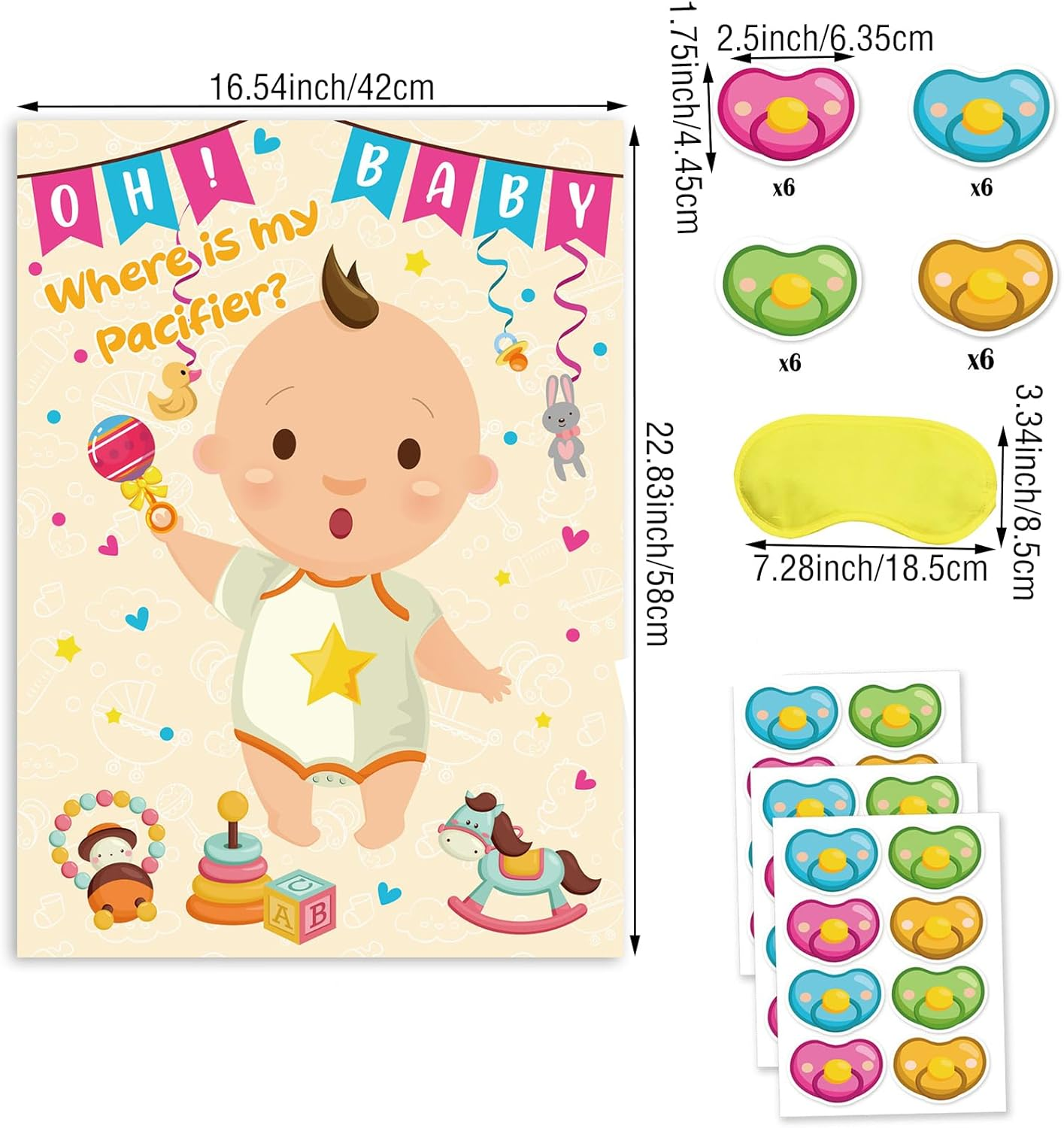 Baby Party Game Set - Fun Gender Reveal Decorations Party Supplies, Pin the Pacifier on Baby, Pin the Poop on Diaper, Cute Baby Room Theme and Eye Mask Game, Baptism/Poop Activity (2 Pieces)
