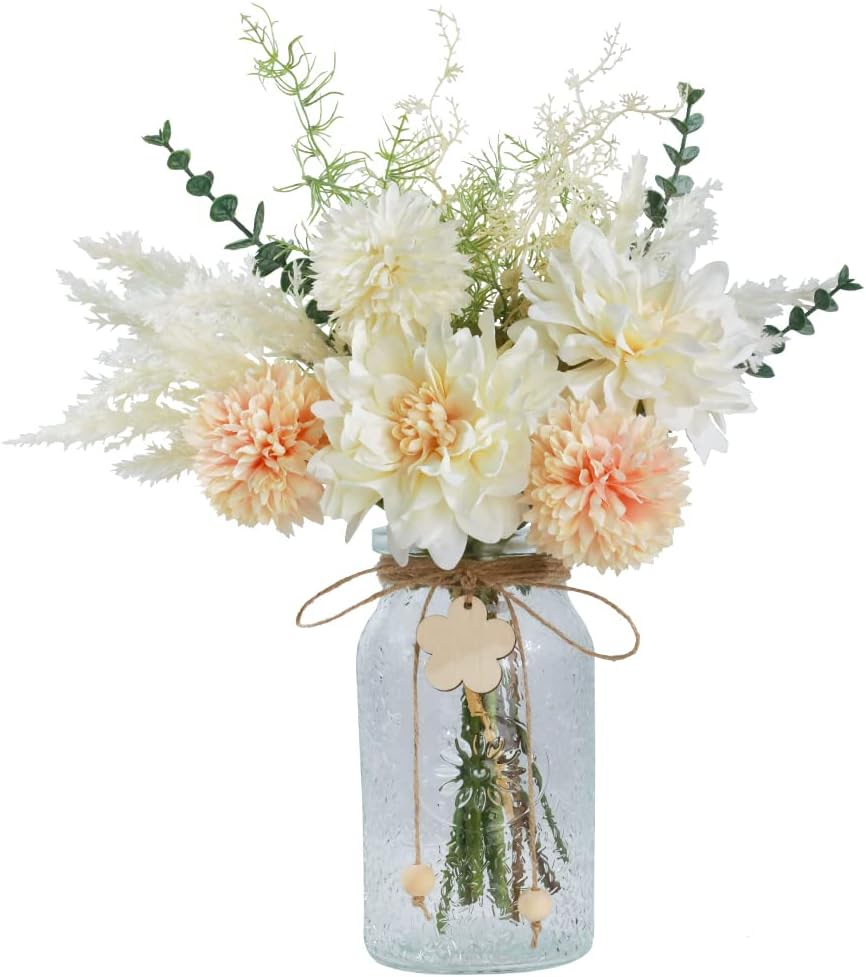 JARELING Silk Flowers in Vase, Artificial Flowers Arrangement with Glass Vase Faux Dahlia for Decoration Table Centerpiece (Dahlia)