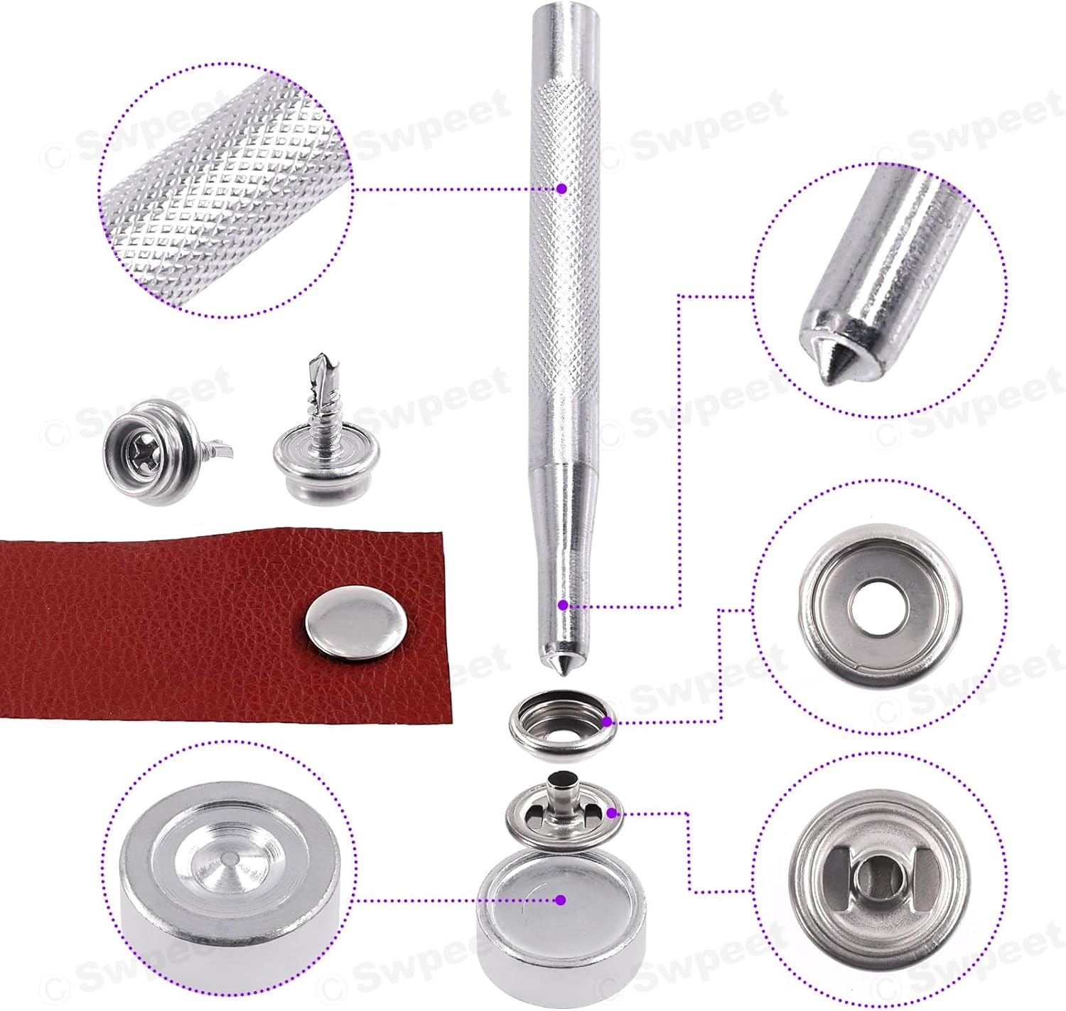 Swpeet 122Pcs Canvas Snap Kit, Stainless Steel Marine Grade Canvas and Upholstery Boat Cover Snap Button Fastener Kit Including 3/8" Sockets 13Mm Metal Screws Caps Anvil 3" Flaring Tool for Boat Cover image number 2