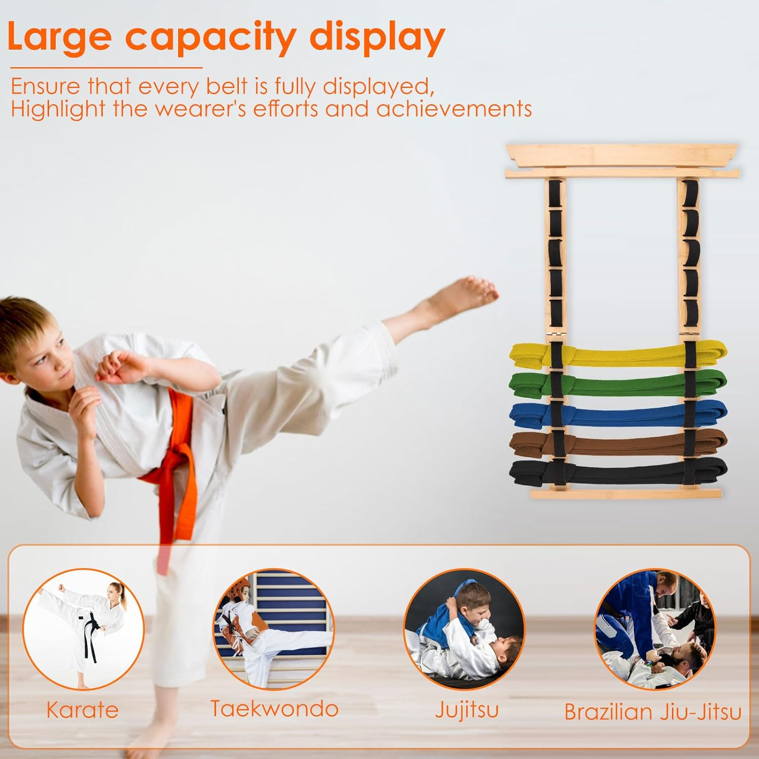 Fwqofvk 10 Tiers Wood Karate Belt Display Rack with Medal Hanger and Stickers, Easy Hanging Taekwondo Belt Display Holder for Kids and Adults image number 2