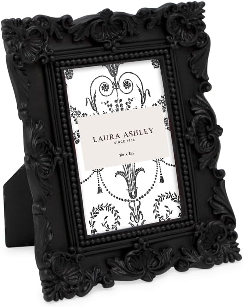 Laura Ashley 2X3 Black Ornate Textured Hand-Crafted Resin Picture Frame with Easel, for Tabletop & Wall Display, Decorative Floral Design Home D&eacute;cor, Photo Gallery, Art & More (2X3, Black) image number 1